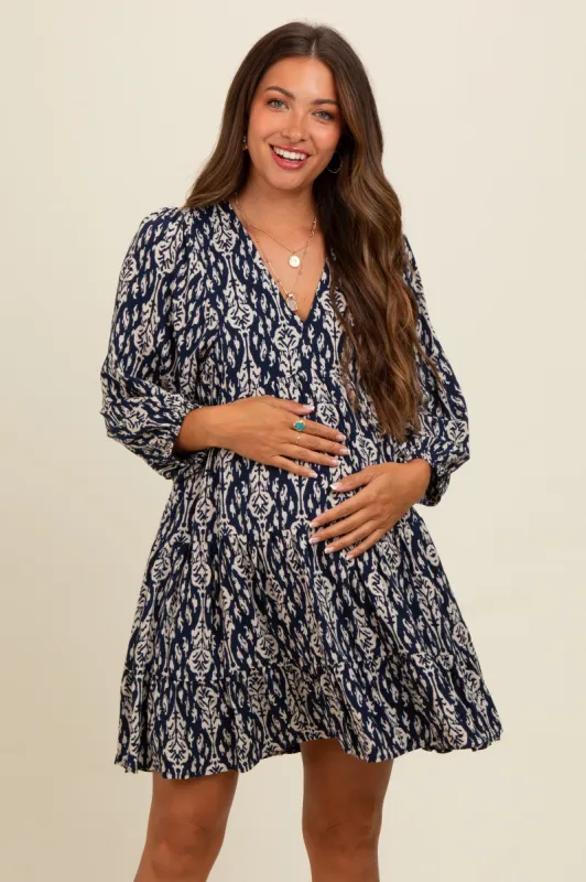 Navy Printed Maternity Mini Dress sold by Pinkblush