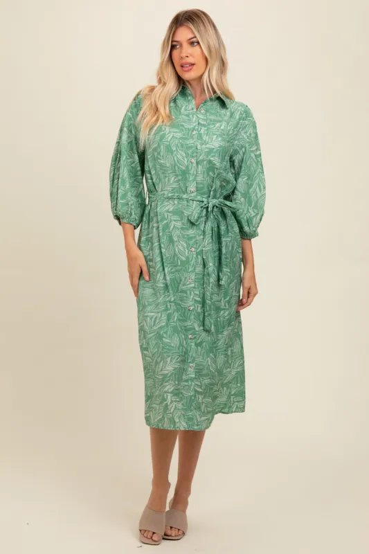 Green Mocha Leaf Print Button Down Front Tie Midi Dress sold by Pinkblush