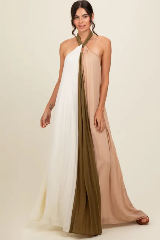 Olive Colorblock Pleated Halter Neck Maxi Dress sold by Pinkblush
