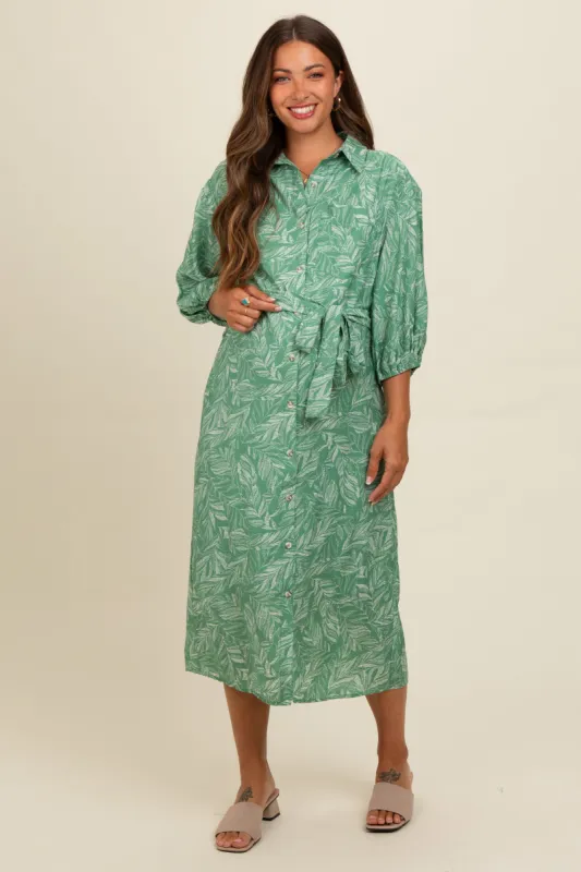 Green Mocha Leaf Print Button Down Front Tie Maternity Midi Dress sold by Pinkblush