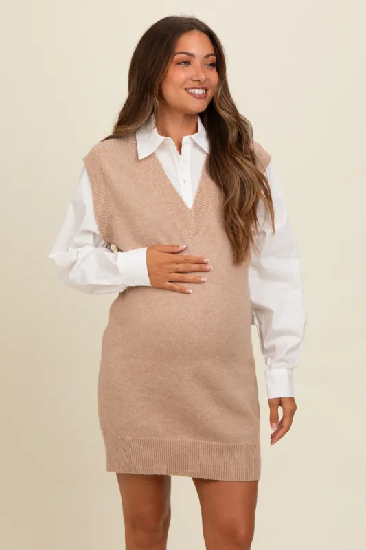 Beige Layered Sweater Shirt Maternity Mini Dress sold by Pinkblush