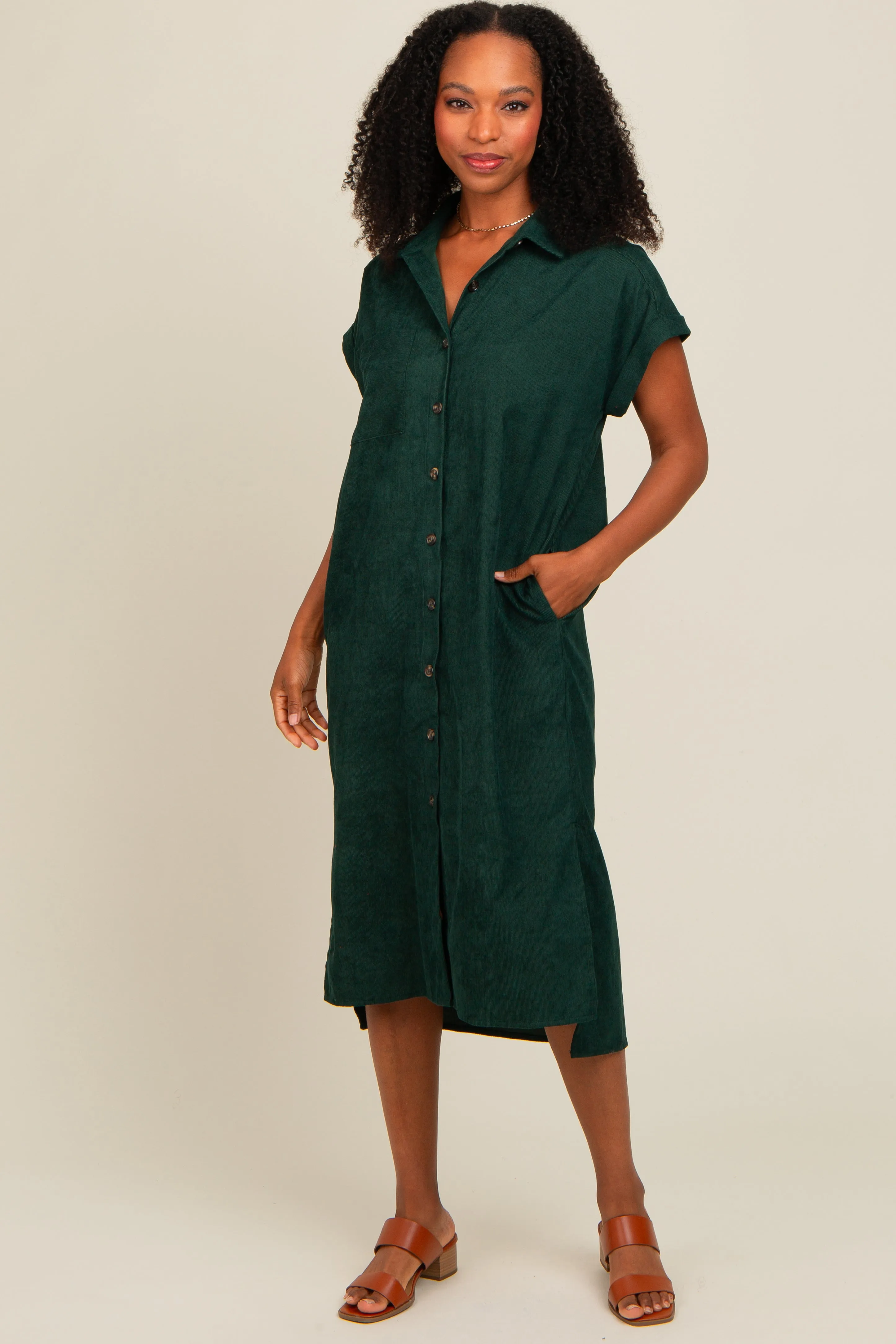 Forest Green Corduroy Button Down Midi Dress sold by Pinkblush
