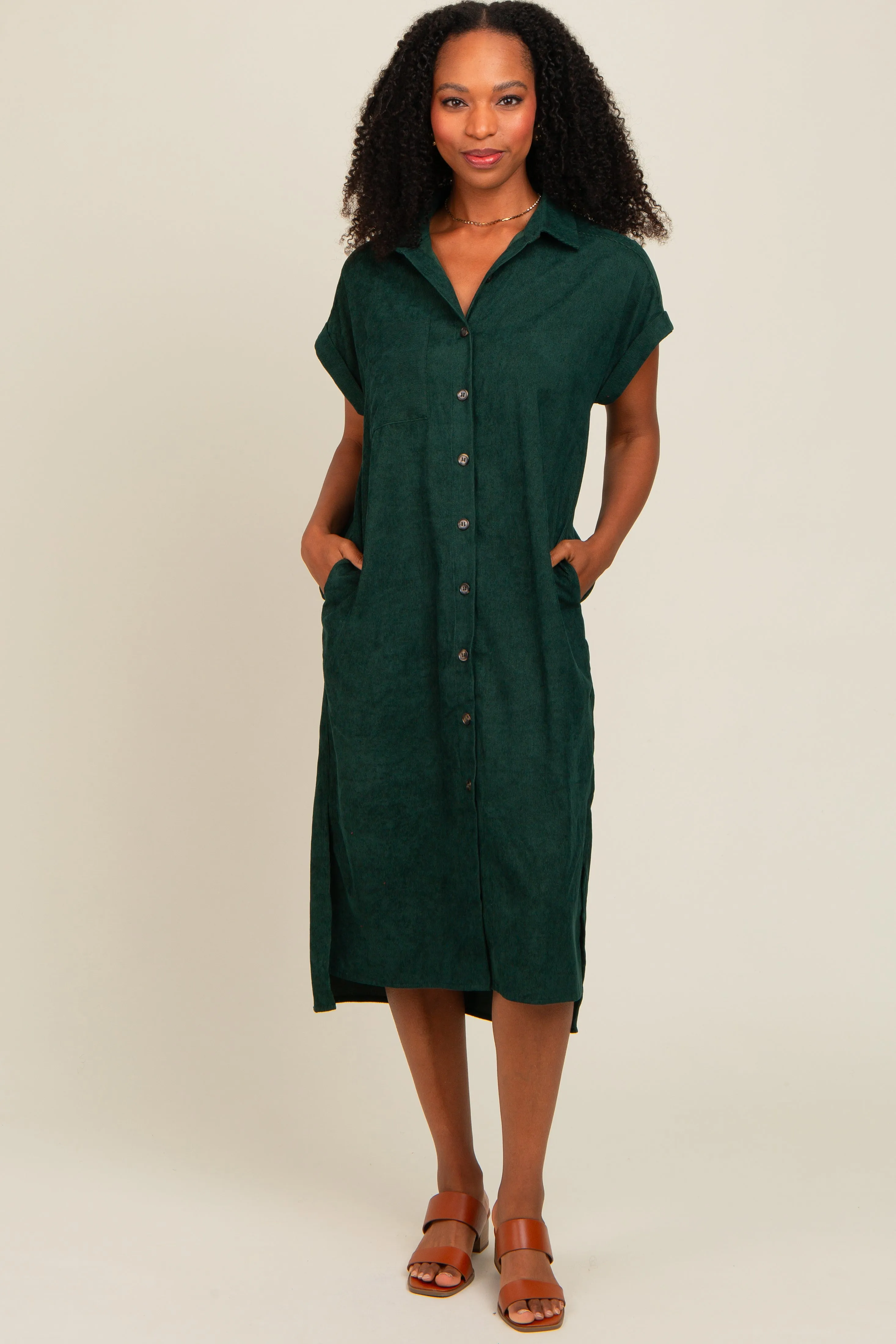 Forest Green Corduroy Button Down Midi Dress sold by Pinkblush product image thumbnail 2