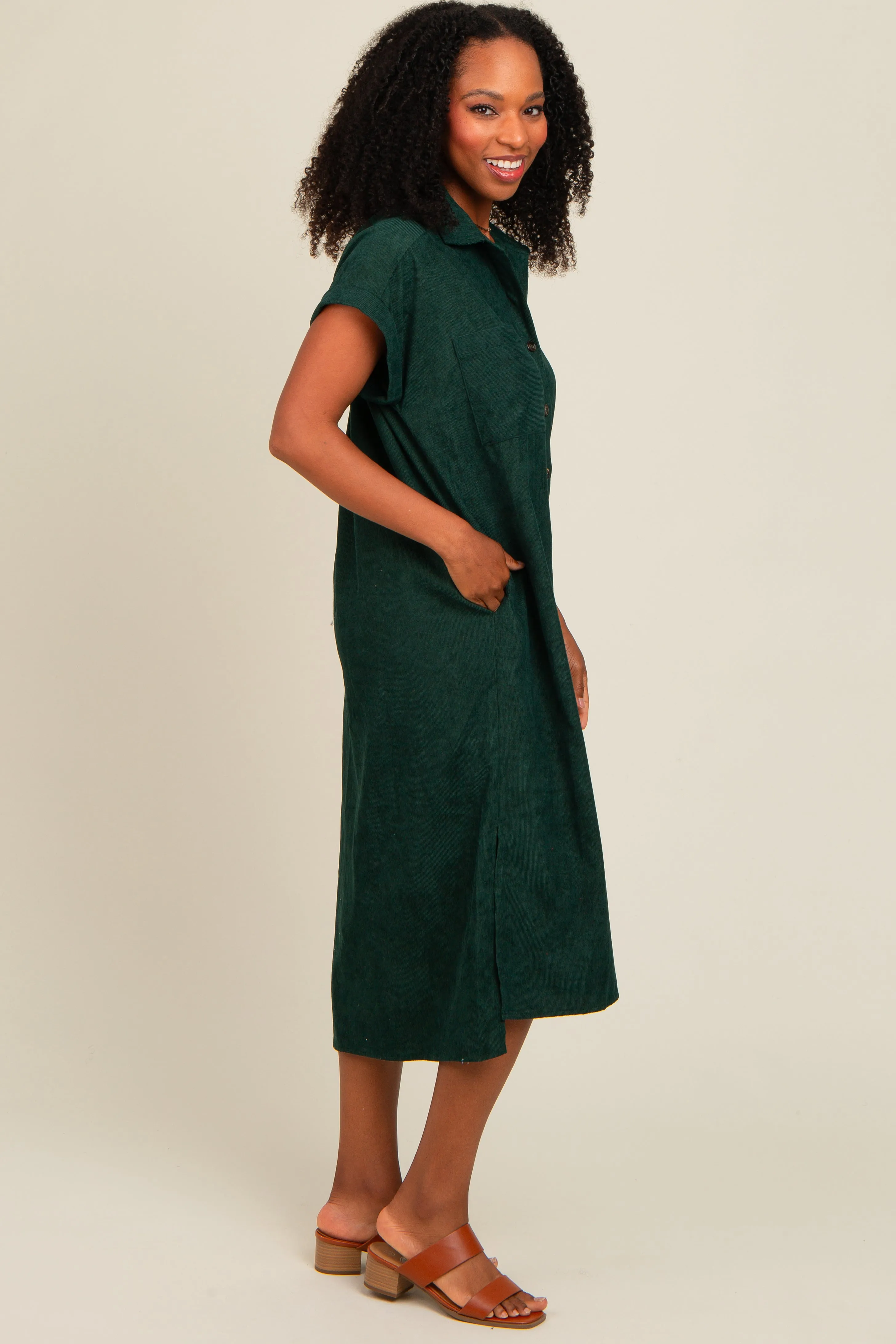 Forest Green Corduroy Button Down Midi Dress sold by Pinkblush product image thumbnail 3