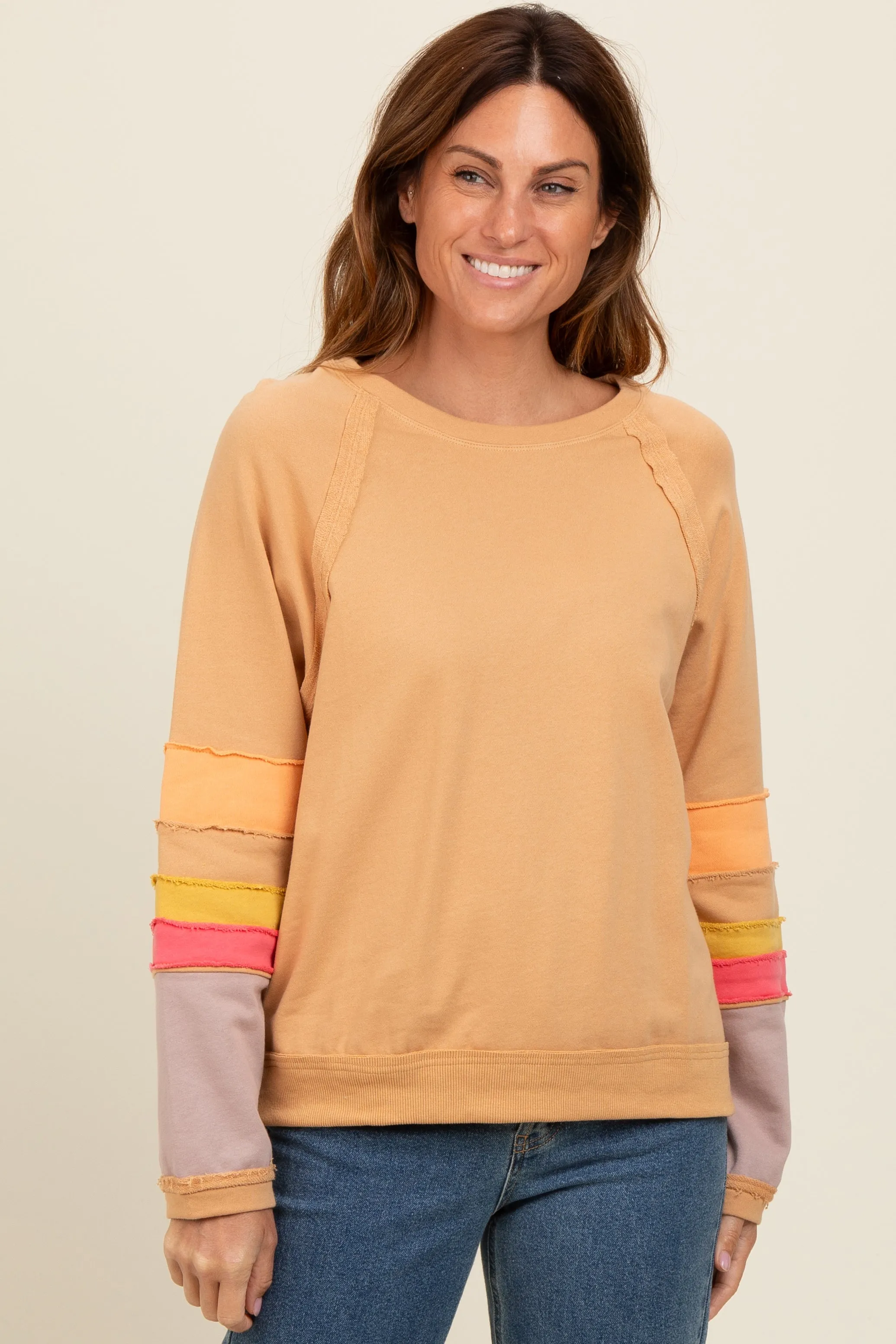 Camel Colorblock Sleeve Pullover sold by Pinkblush