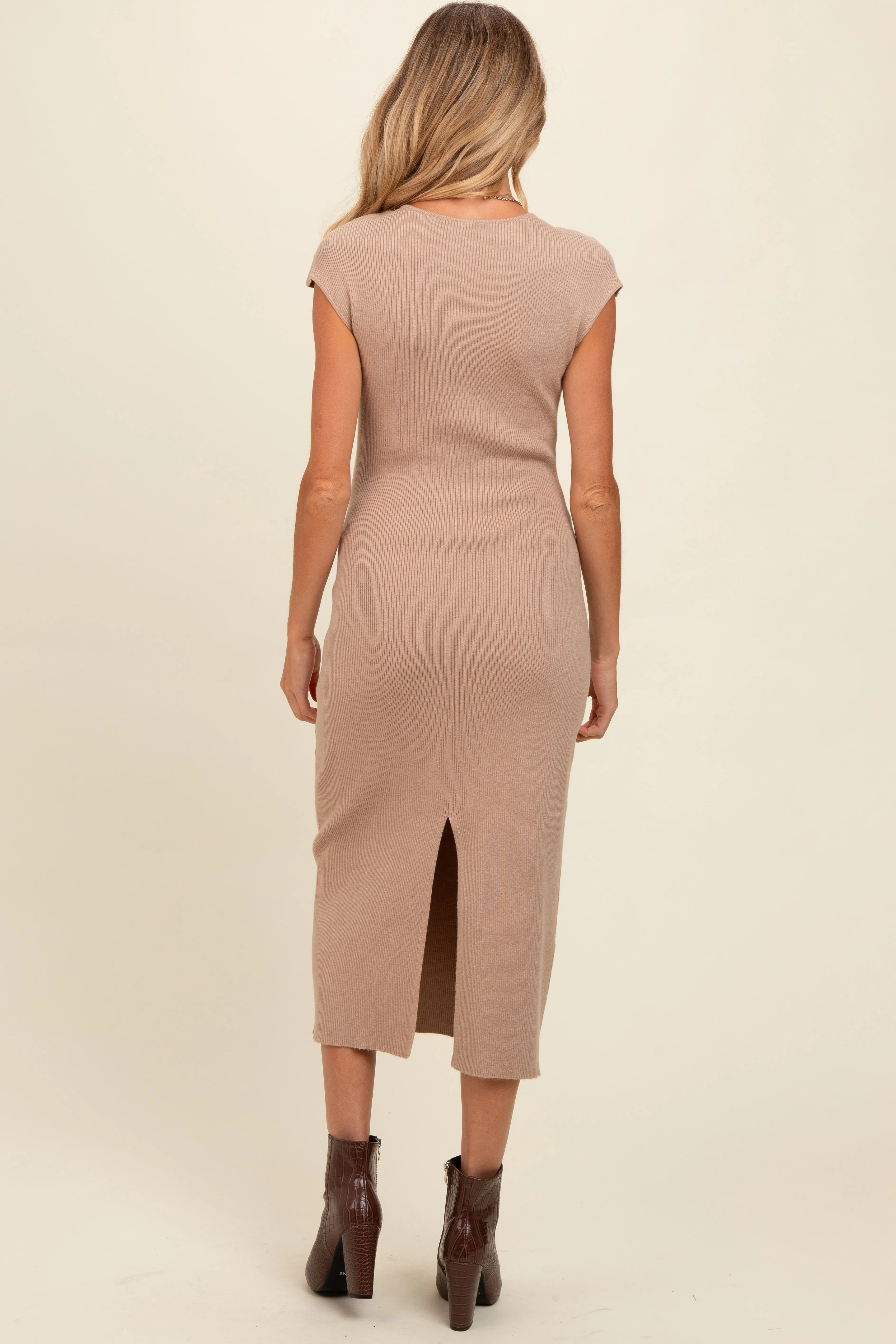 Beige Knit Sleeve Tie Detail Maternity Midi Dress sold by Pinkblush product image thumbnail 4