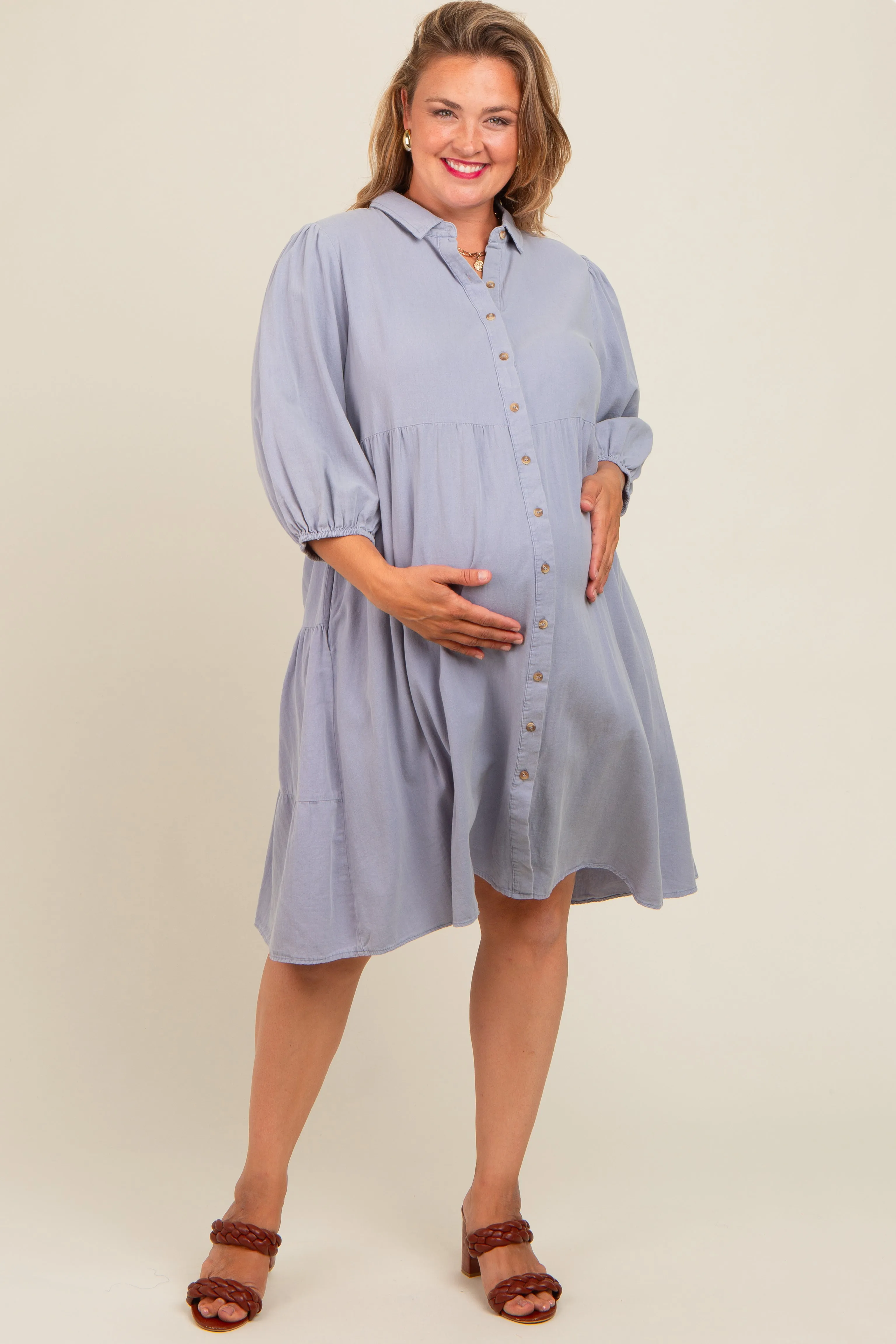Light Blue Button Front Maternity Plus Dress sold by Pinkblush product image thumbnail 2