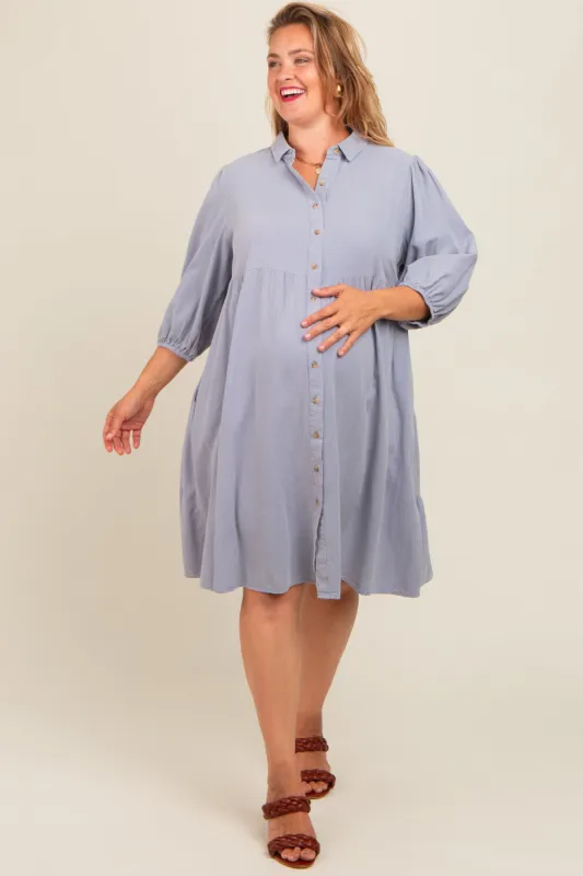 Light Blue Button Front Maternity Plus Dress sold by Pinkblush