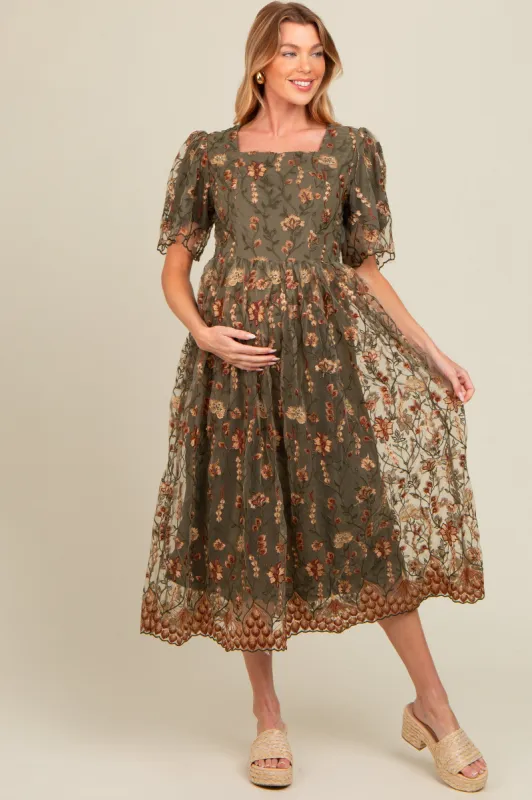 Olive Floral Embroidered Mesh Overlay Maternity Midi Dress sold by Pinkblush