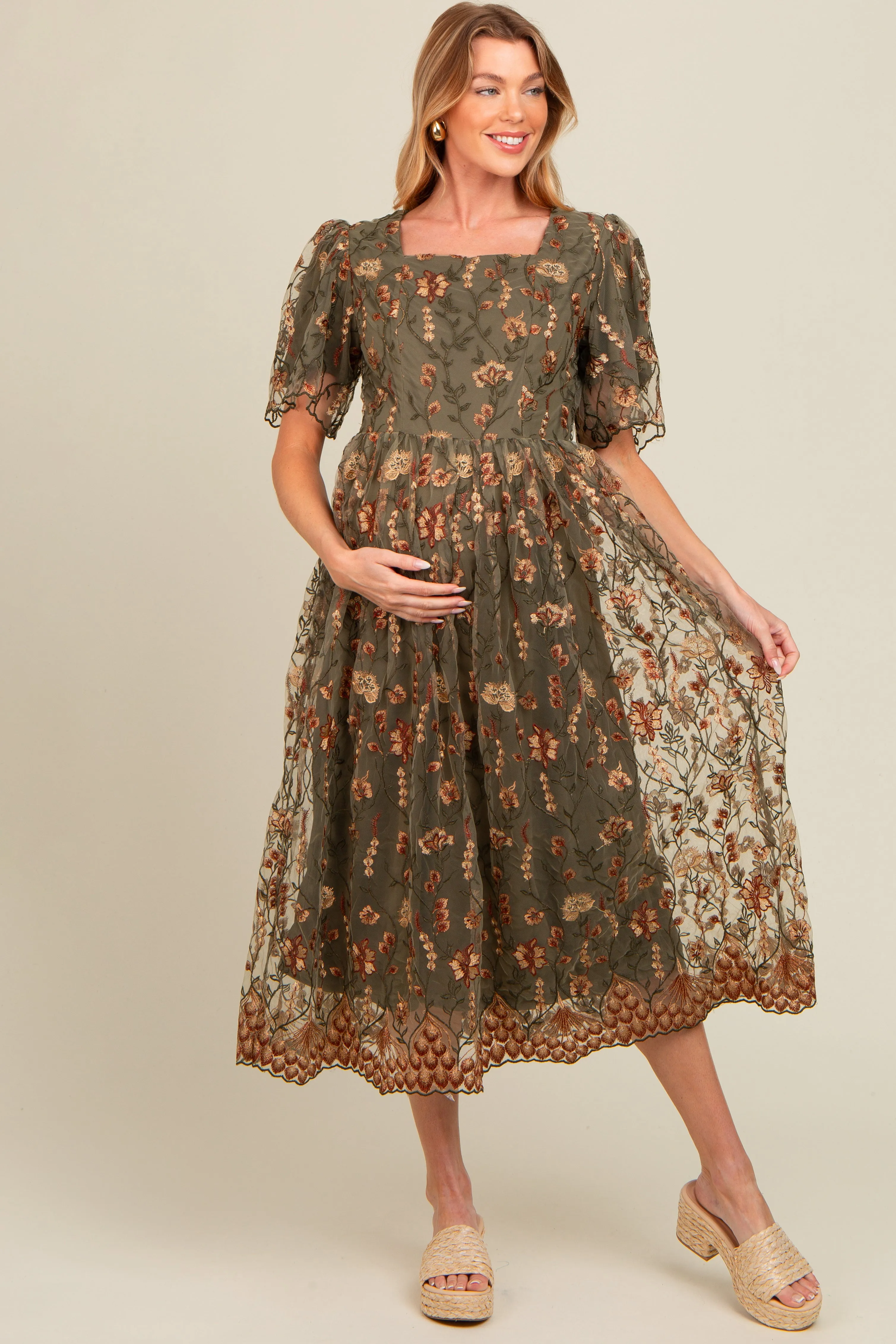 Olive Floral Embroidered Mesh Overlay Maternity Midi Dress sold by Pinkblush
