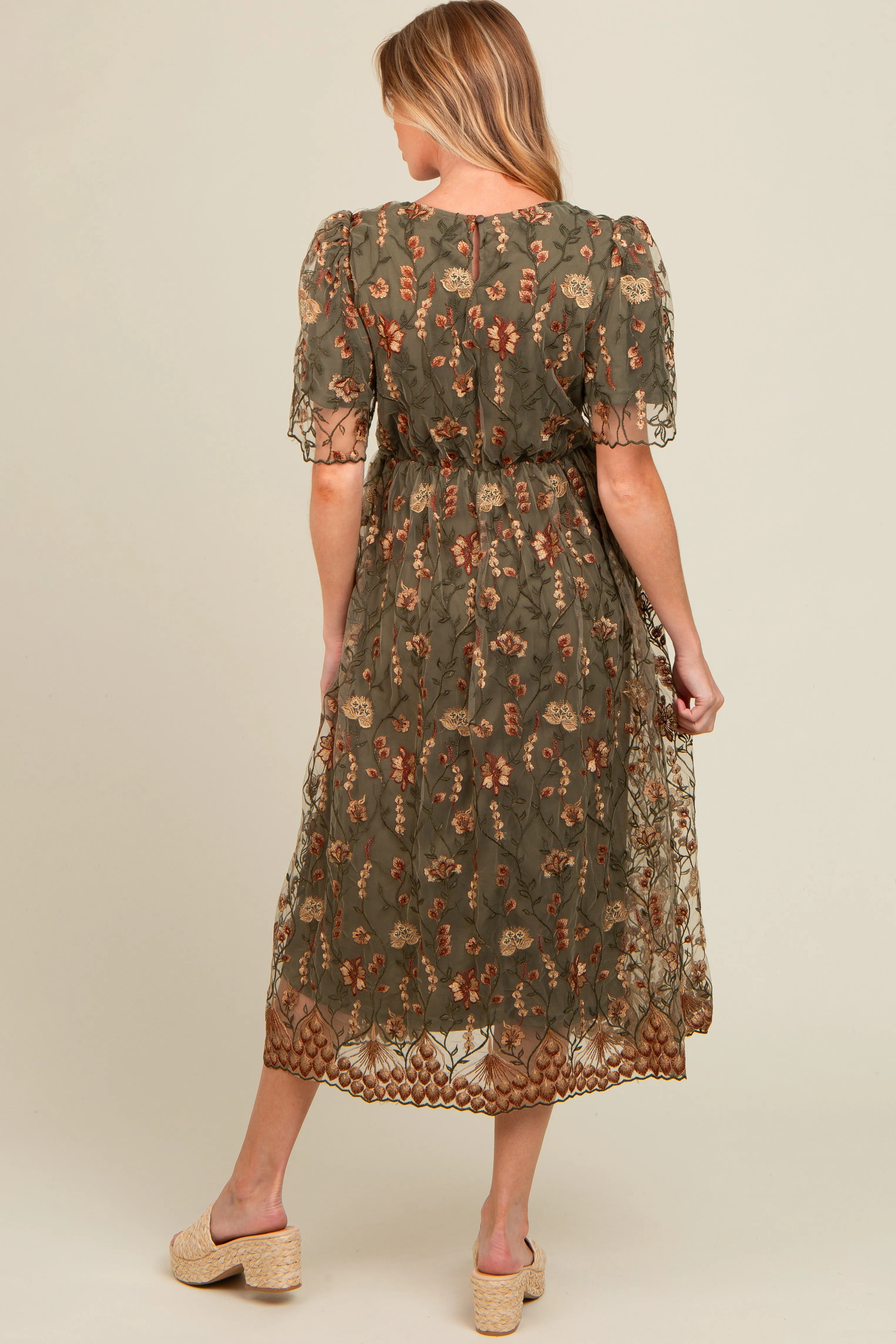 Olive Floral Embroidered Mesh Overlay Maternity Midi Dress sold by Pinkblush product image thumbnail 2