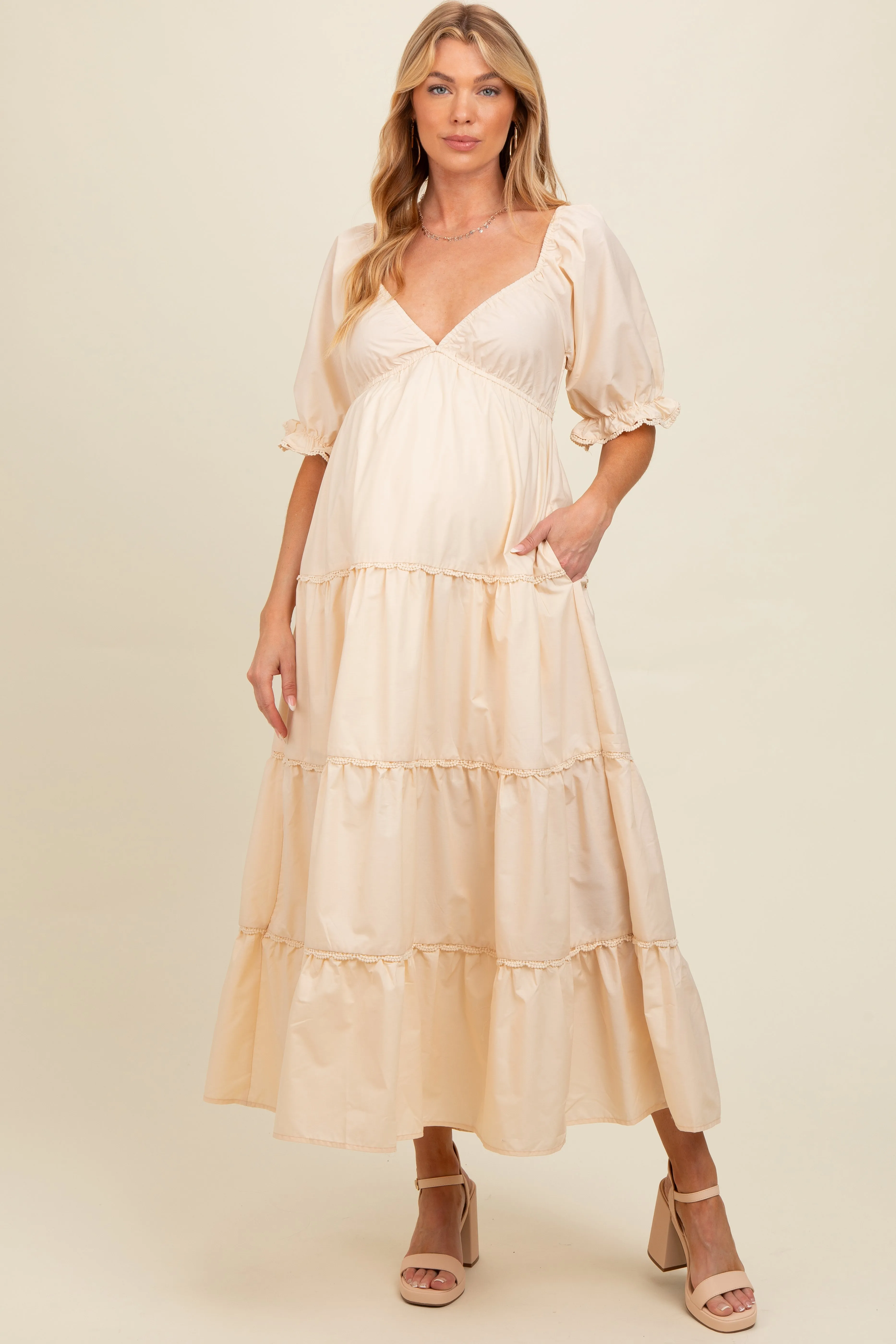 Cream Deep V-Neck Tiered Maternity Maxi Dress sold by Pinkblush