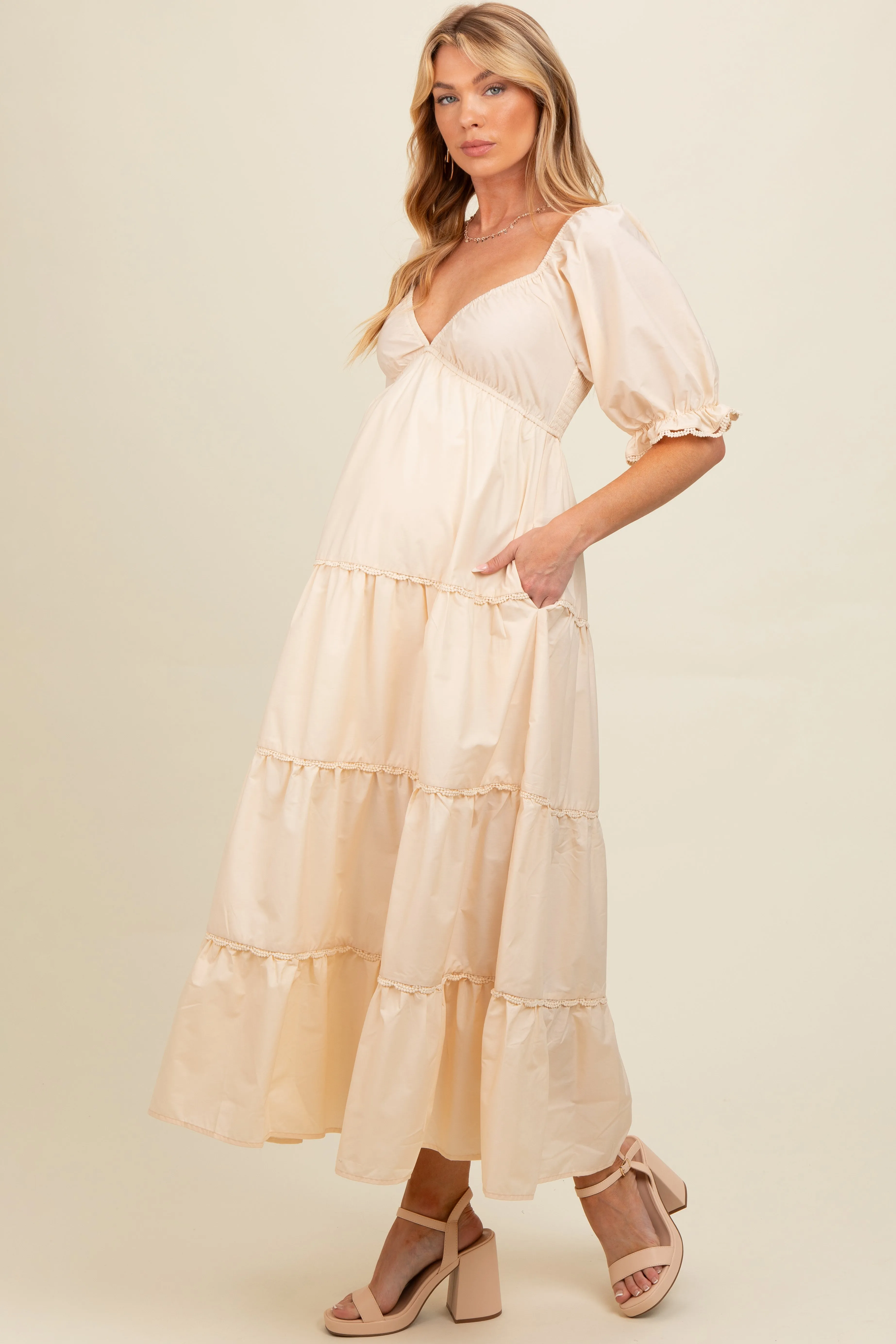 Cream Deep V-Neck Tiered Maternity Maxi Dress sold by Pinkblush product image thumbnail 2