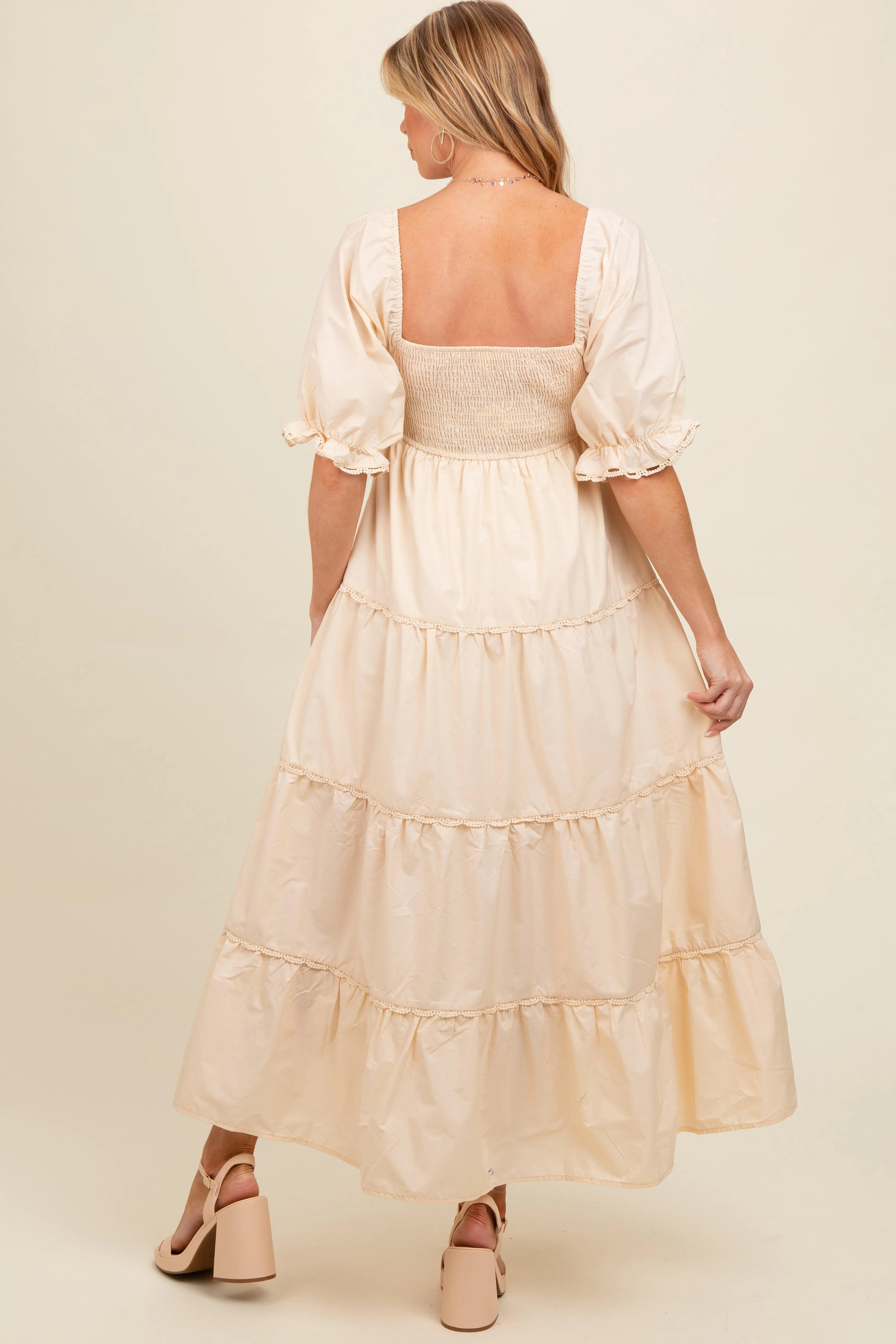 Cream Deep V-Neck Tiered Maternity Maxi Dress sold by Pinkblush product image thumbnail 3