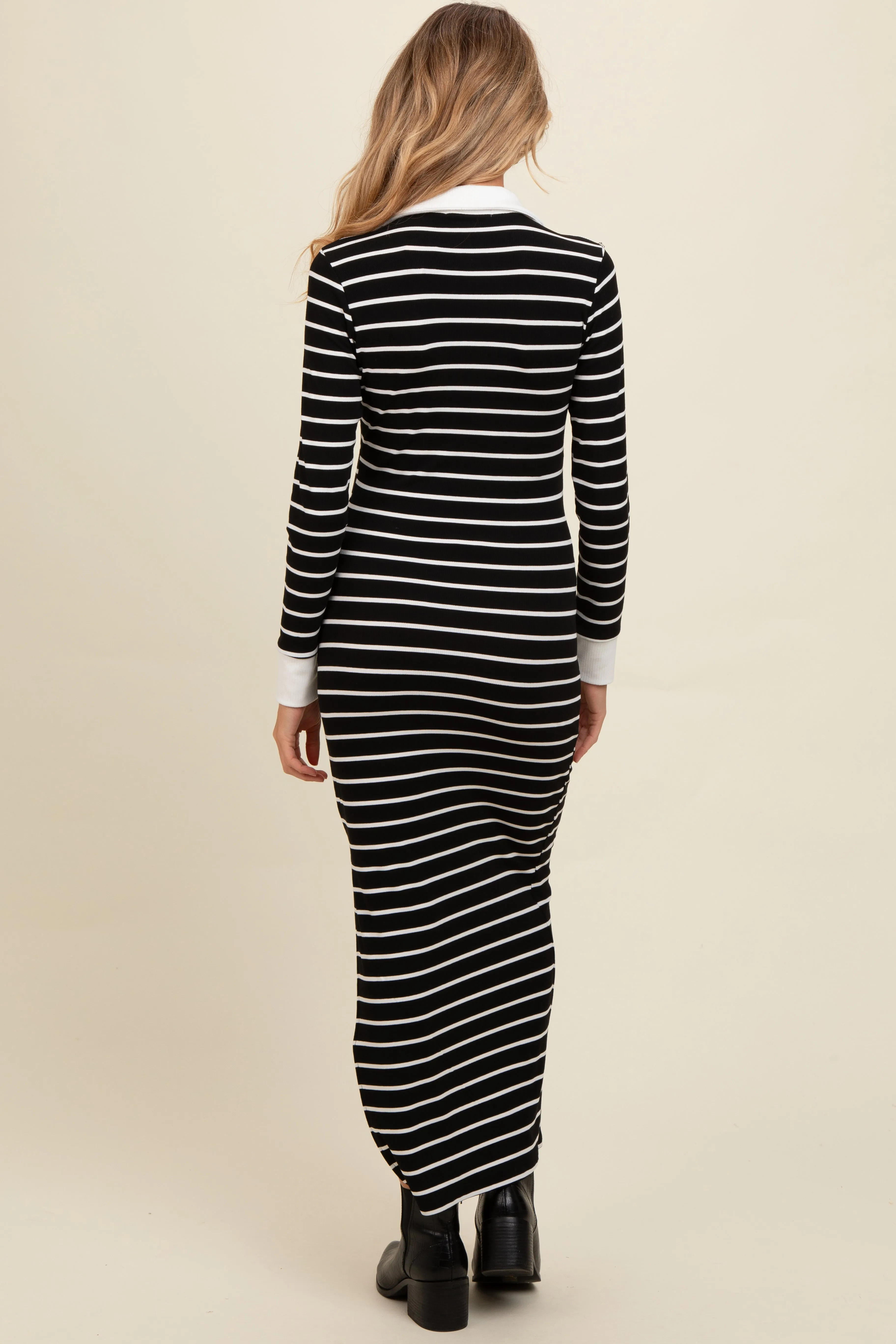 Black Striped Collared Long Sleeve Maternity Midi Dress sold by Pinkblush product image thumbnail 4