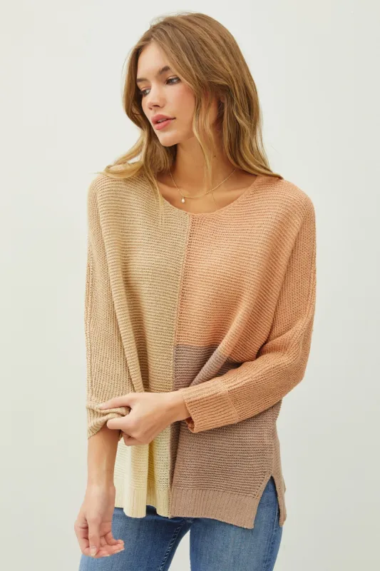 Marsala Round Neck Oversized Color Block Sweater sold by Pinkblush