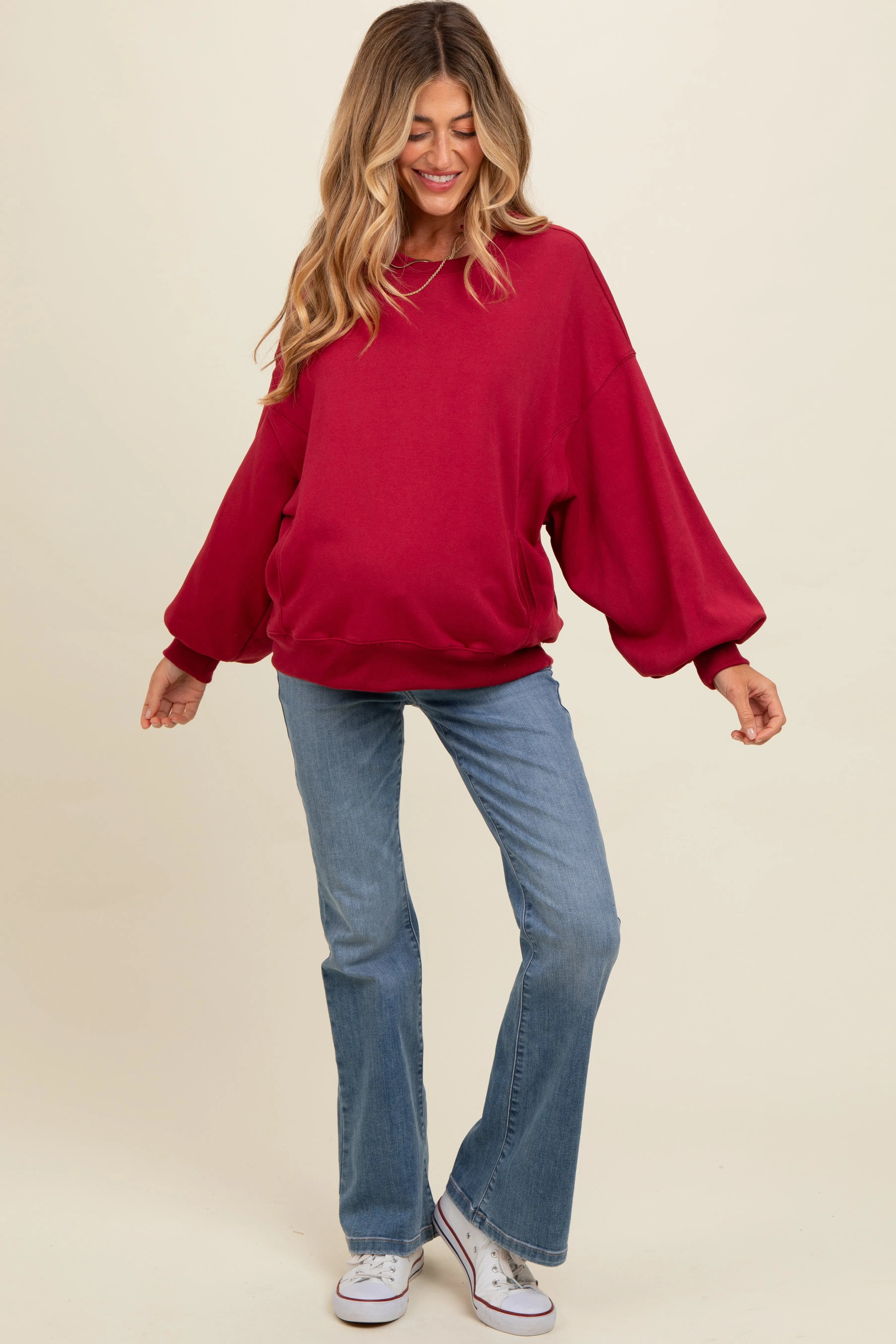 Burgundy Oversized Balloon Sleeve Maternity Sweatshirt sold by Pinkblush product image thumbnail 2