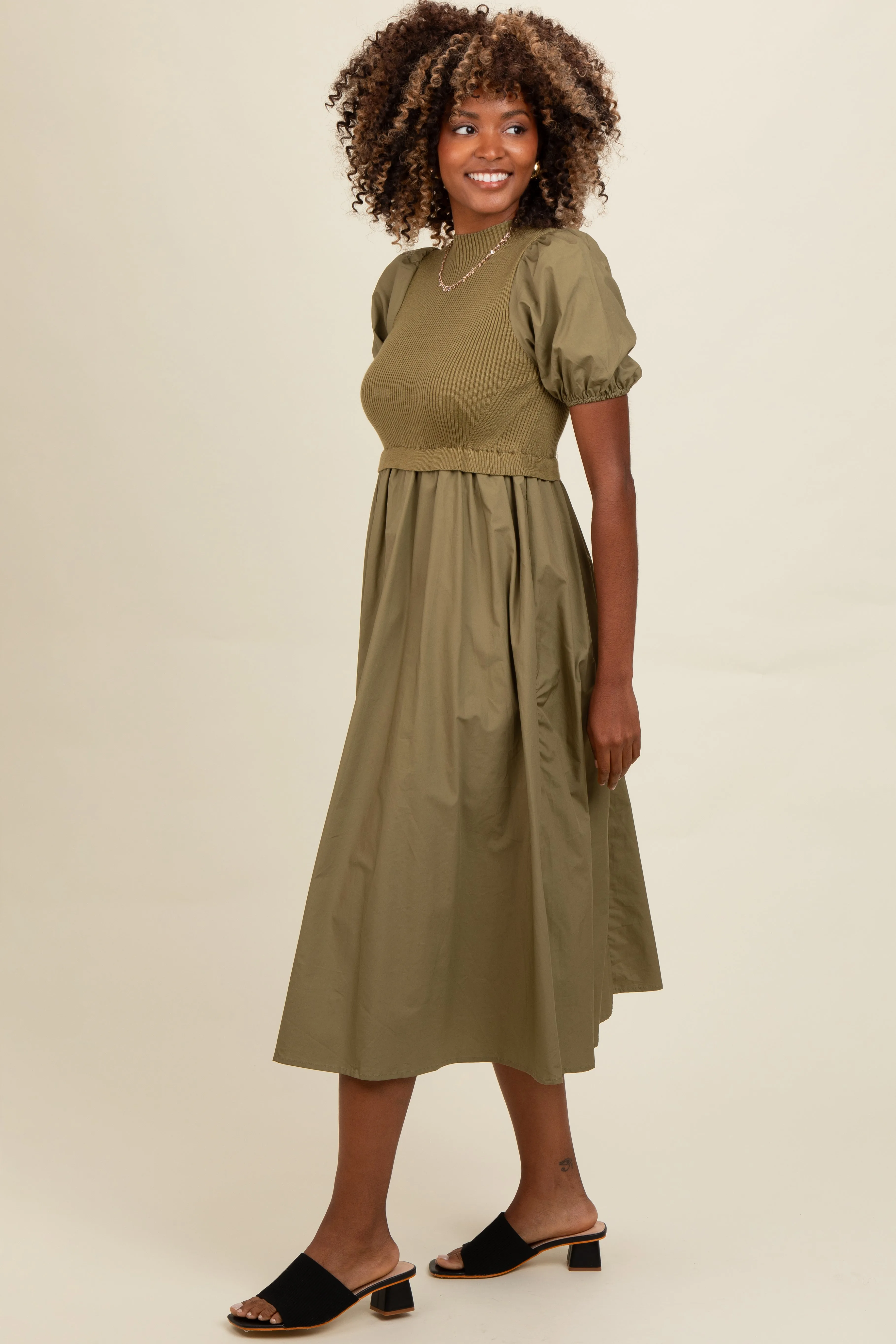 Olive Contrast Knit Bodice Midi Dress sold by Pinkblush product image thumbnail 3