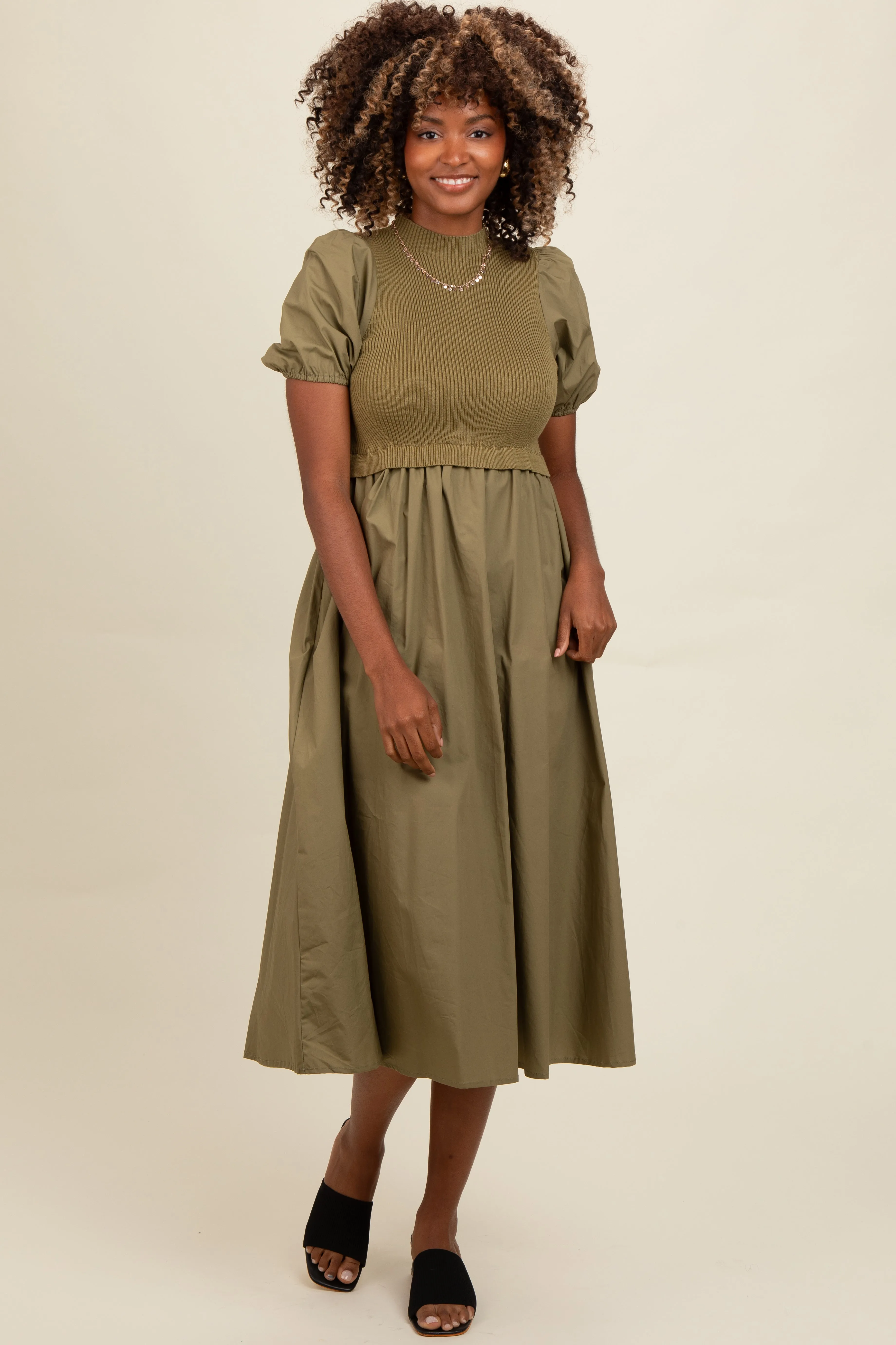 Olive Contrast Knit Bodice Midi Dress sold by Pinkblush