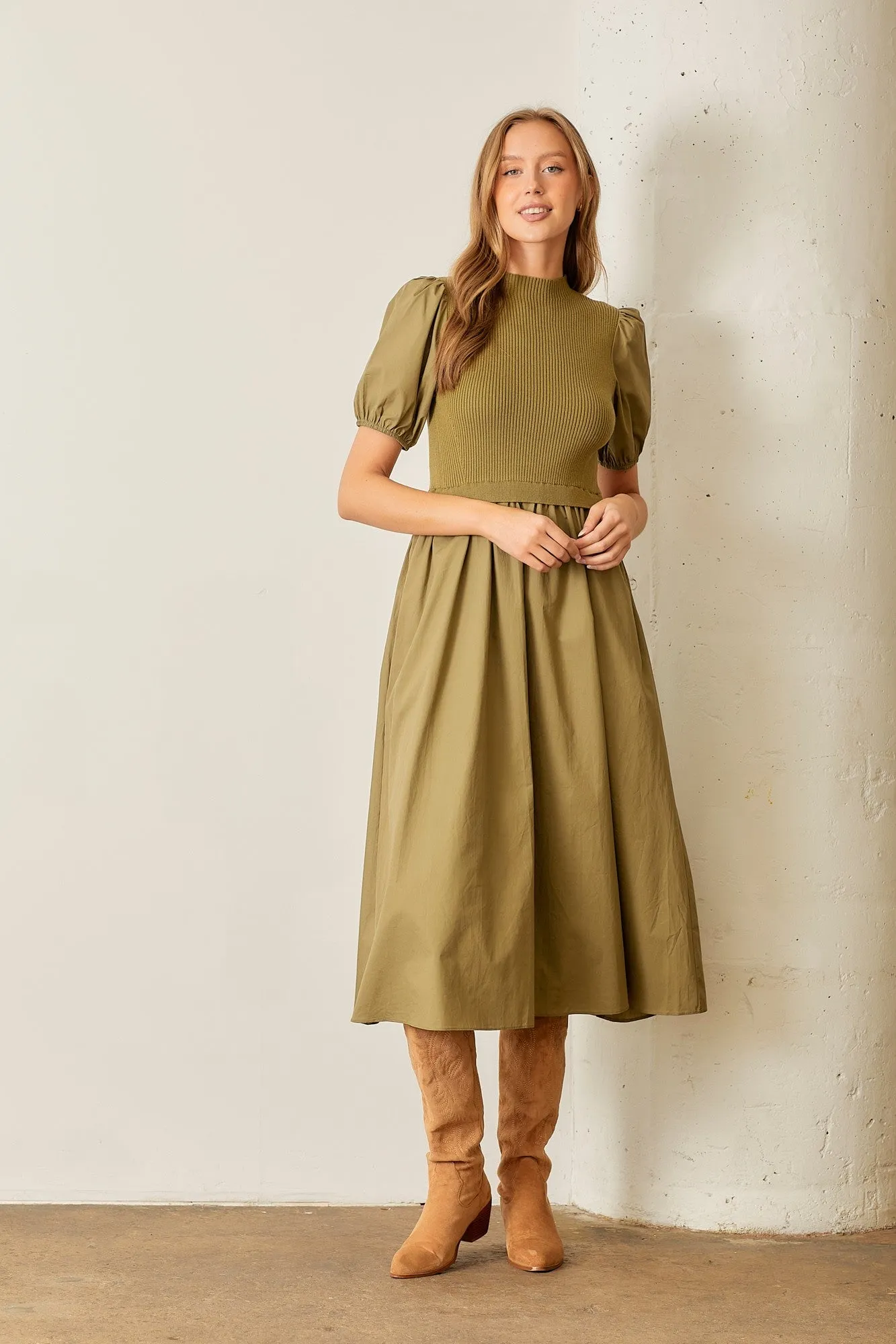 Olive Contrast Knit Bodice Midi Dress sold by Pinkblush product image thumbnail 5