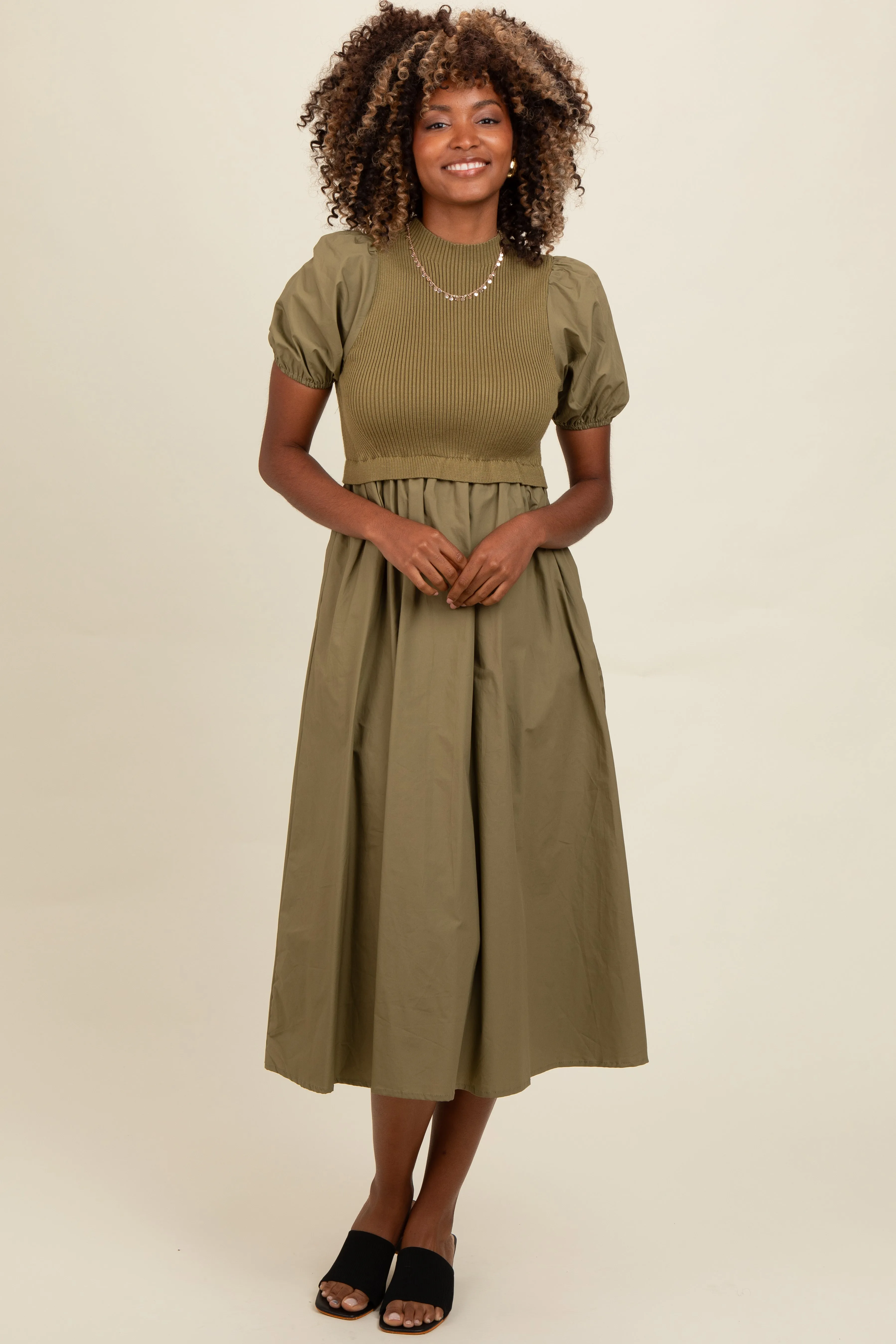 Olive Contrast Knit Bodice Midi Dress sold by Pinkblush product image thumbnail 2