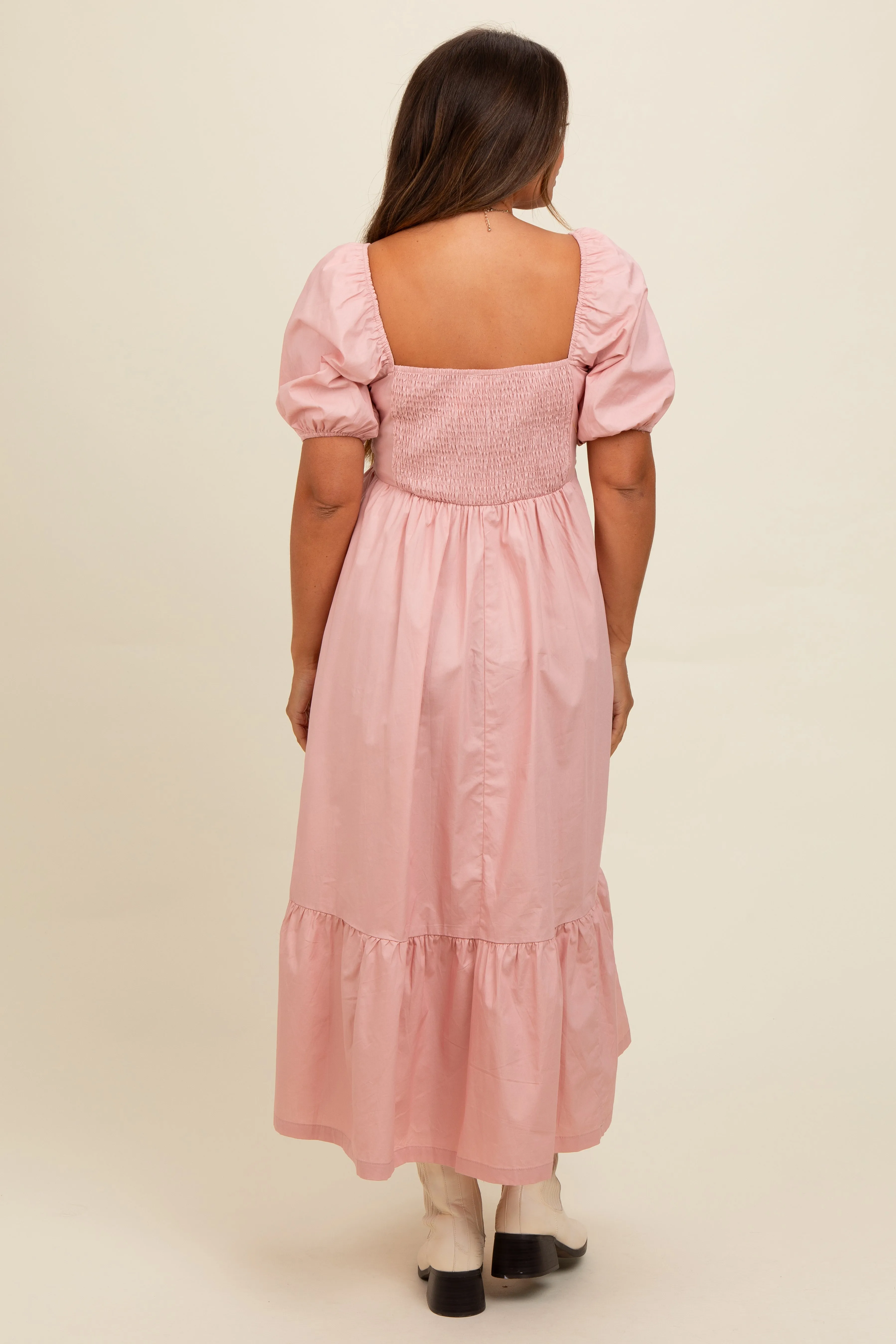 Light Pink Pleated Bodice Puff Sleeve Maternity Midi Dress sold by Pinkblush product image thumbnail 4