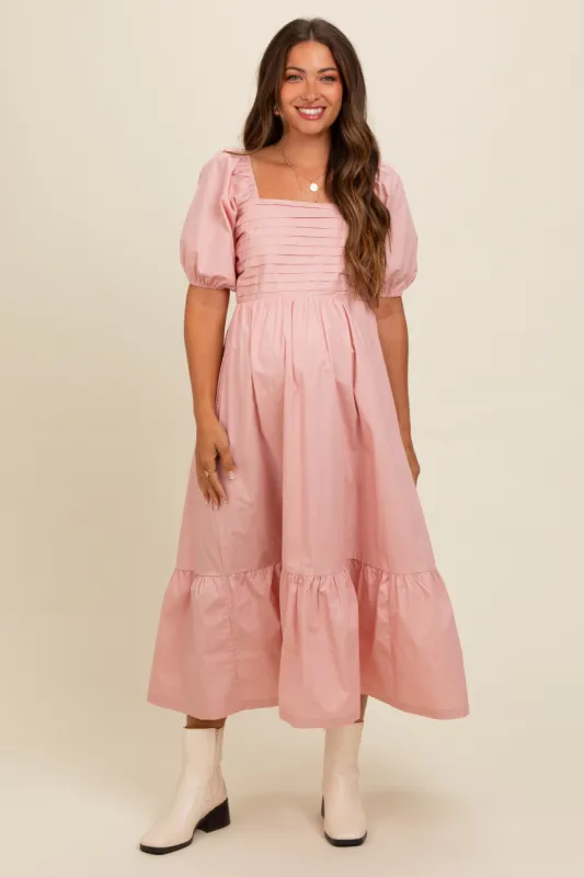Light Pink Pleated Bodice Puff Sleeve Maternity Midi Dress sold by Pinkblush