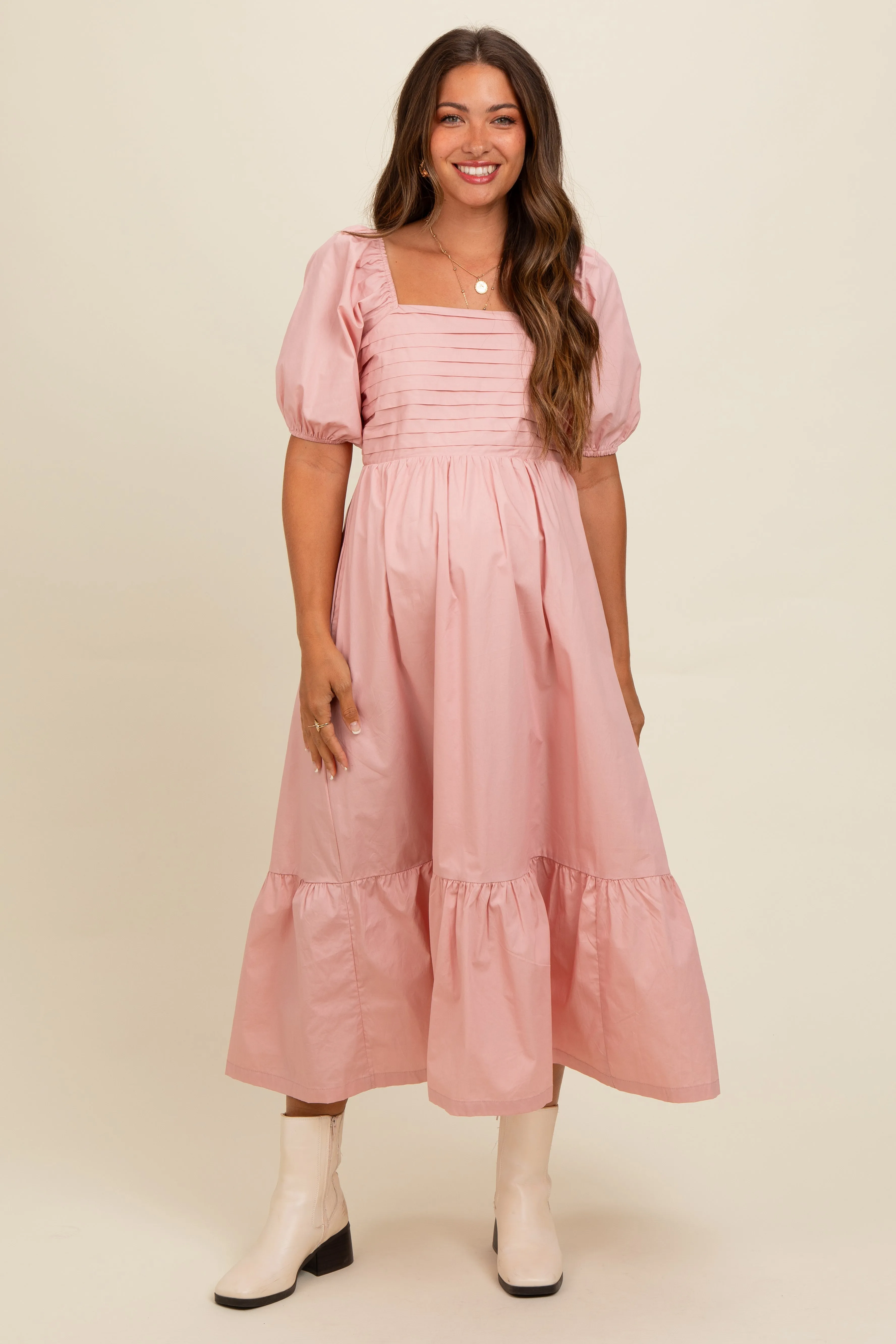 Light Pink Pleated Bodice Puff Sleeve Maternity Midi Dress sold by Pinkblush