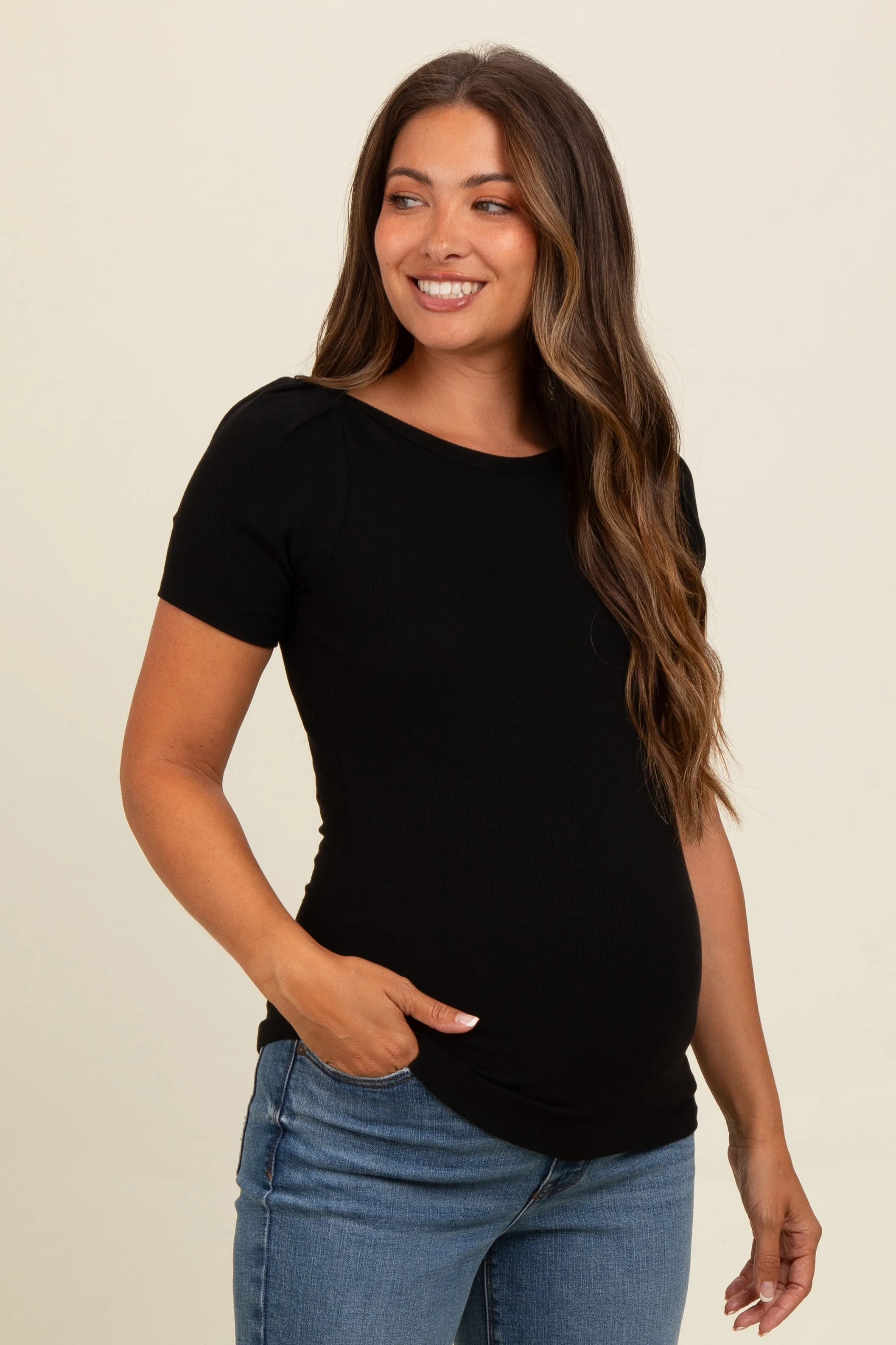 Black Puff Sleeve Maternity Top sold by Pinkblush product image thumbnail 2