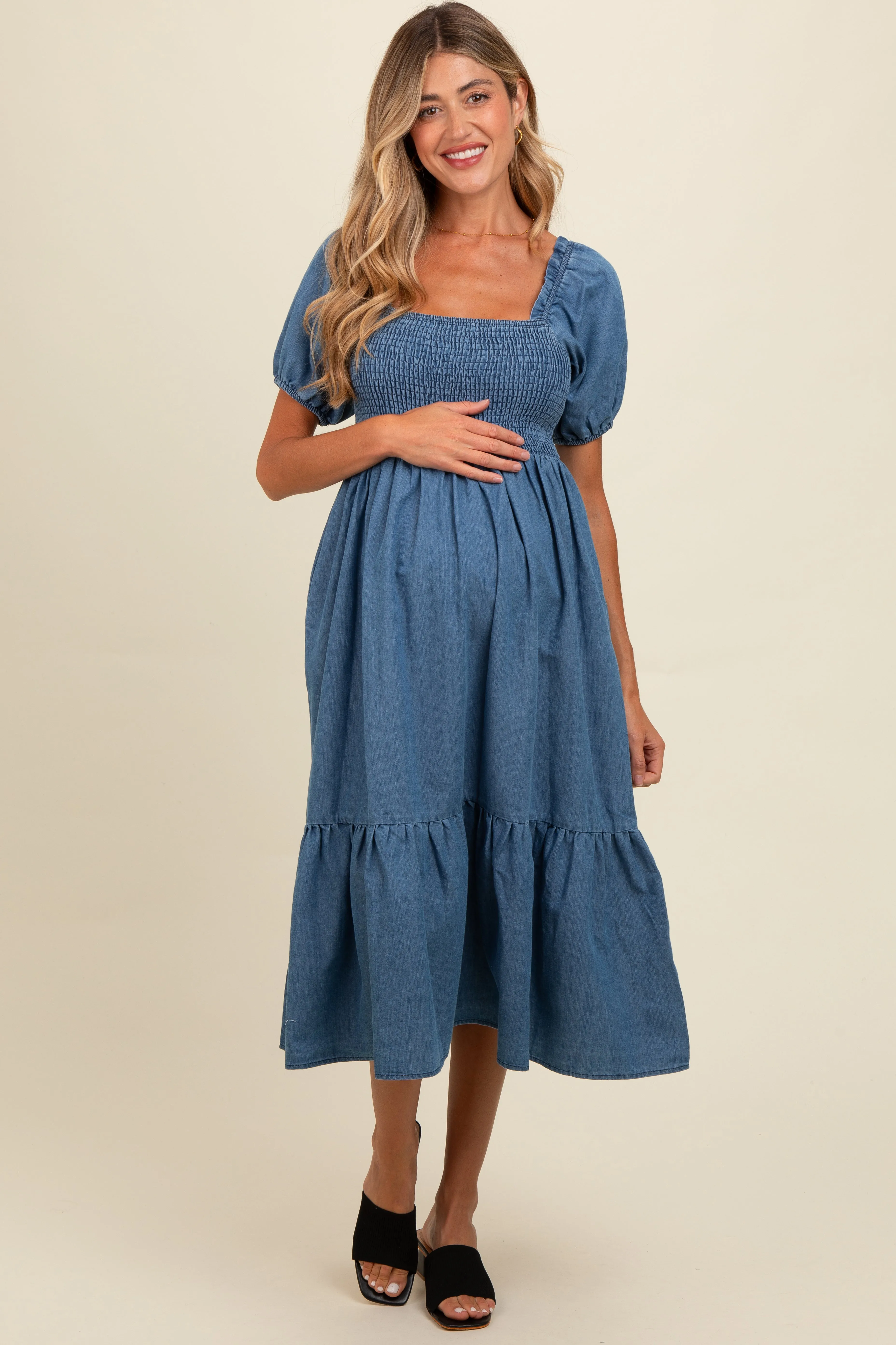Blue Vintage Wash Chambray Smocked Maternity Midi Dress sold by Pinkblush product image thumbnail 2