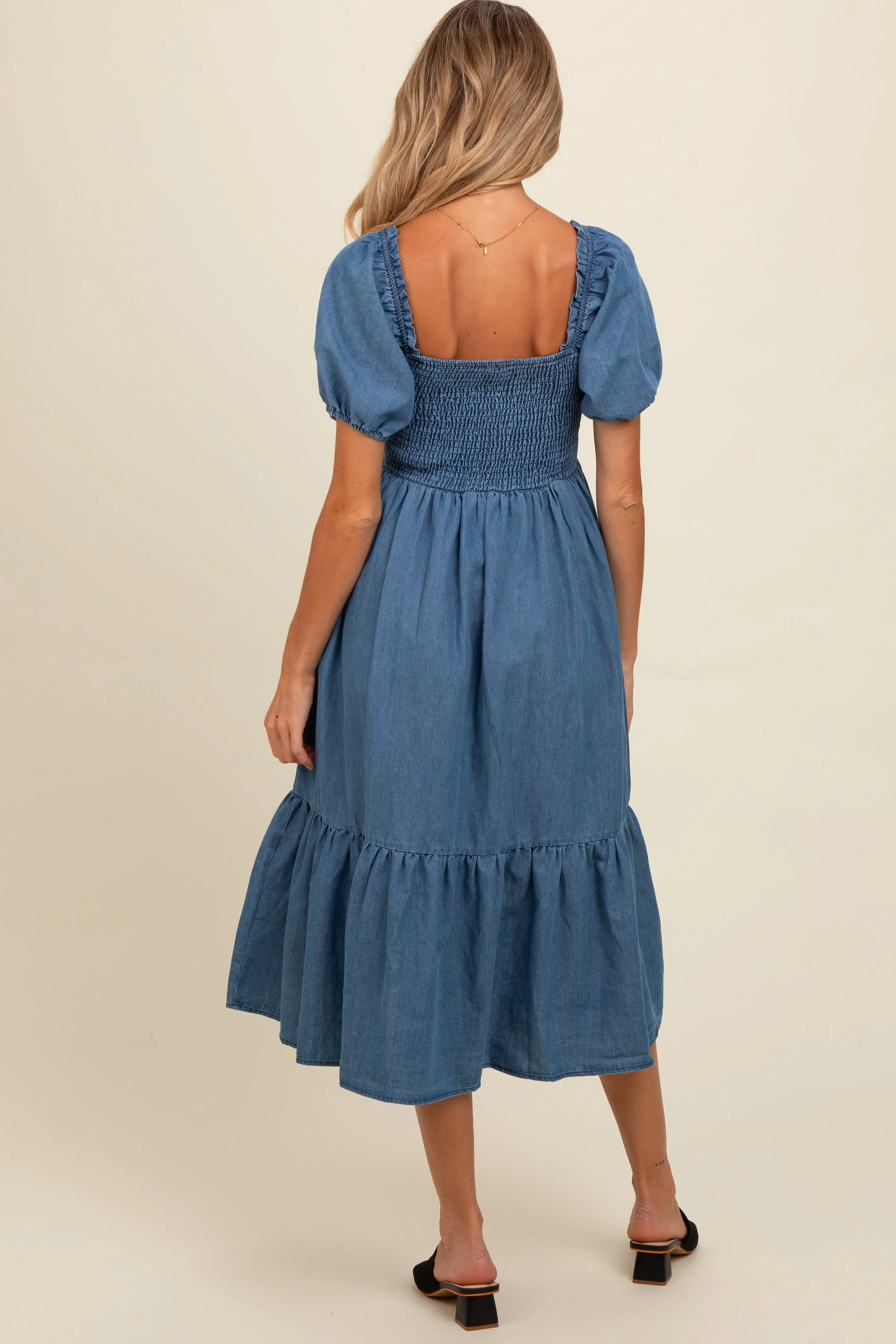 Blue Vintage Wash Chambray Smocked Maternity Midi Dress sold by Pinkblush product image thumbnail 3