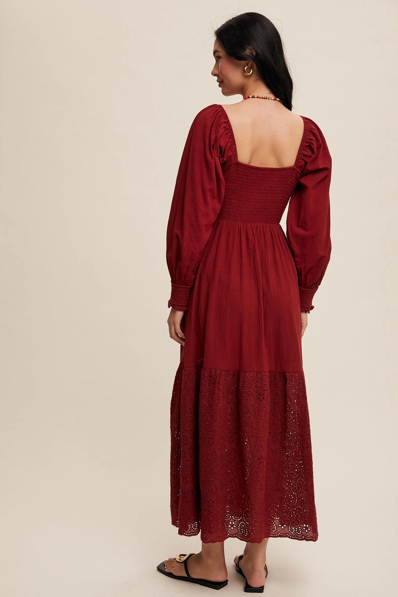 Burgundy Smocked Eyelet Lace Hem Maxi Dress sold by Pinkblush product image thumbnail 3