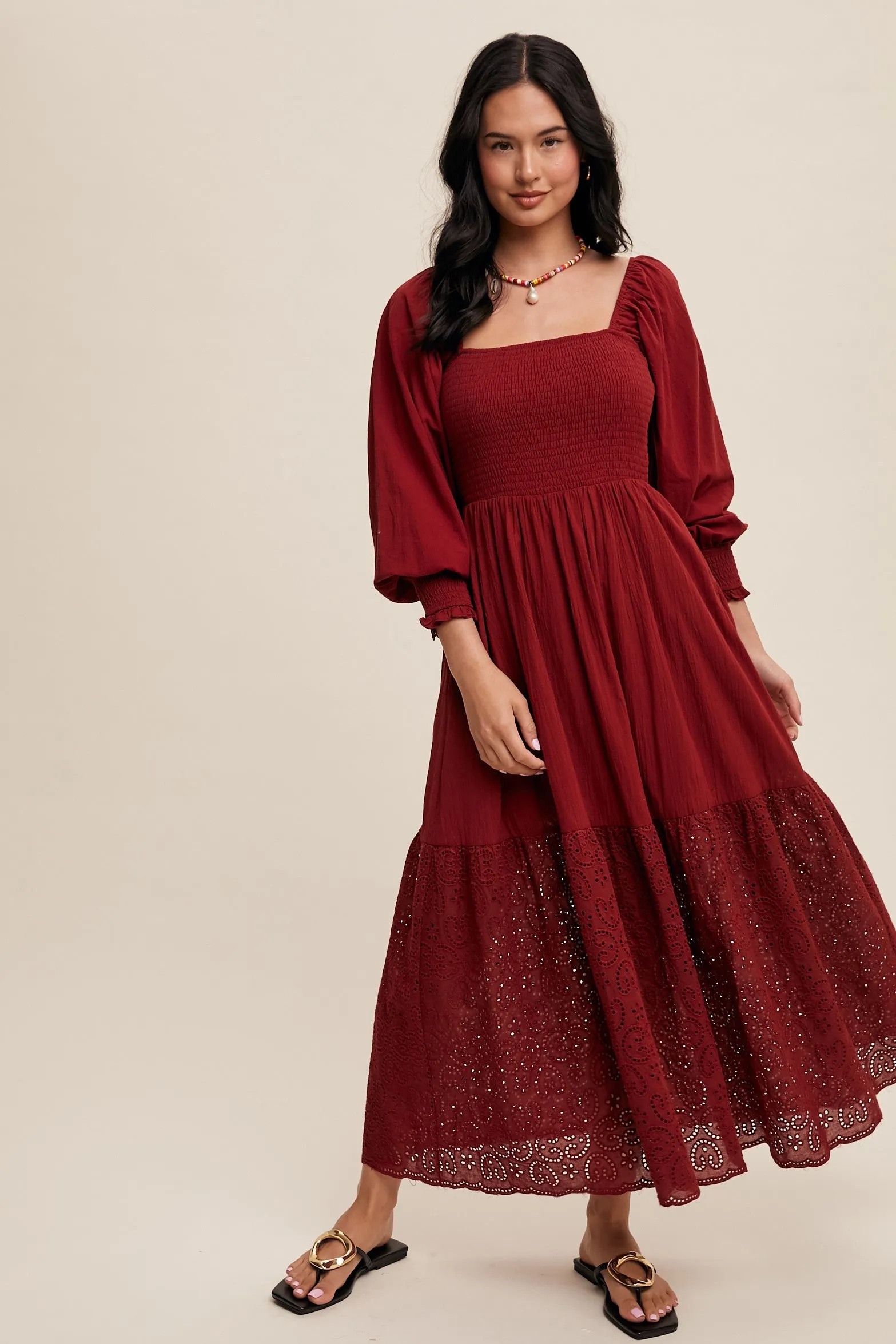Burgundy Smocked Eyelet Lace Hem Maxi Dress sold by Pinkblush