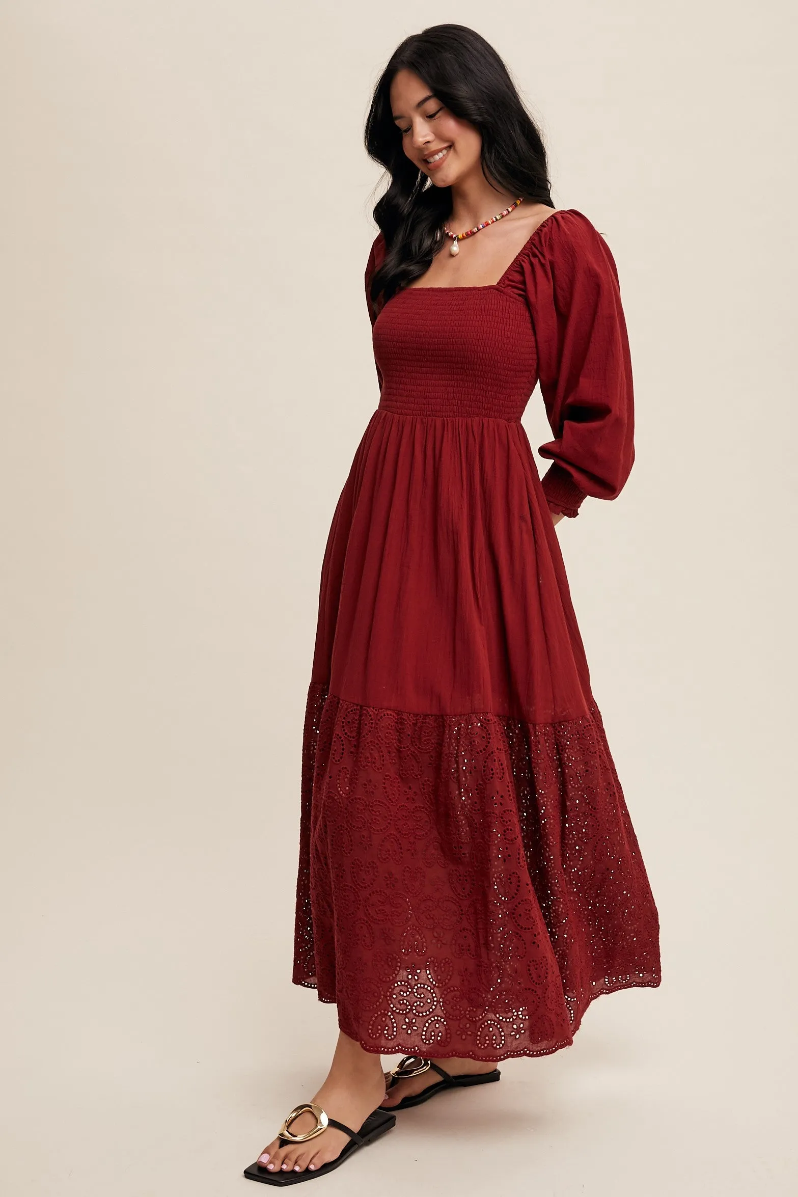 Burgundy Smocked Eyelet Lace Hem Maxi Dress sold by Pinkblush product image thumbnail 2