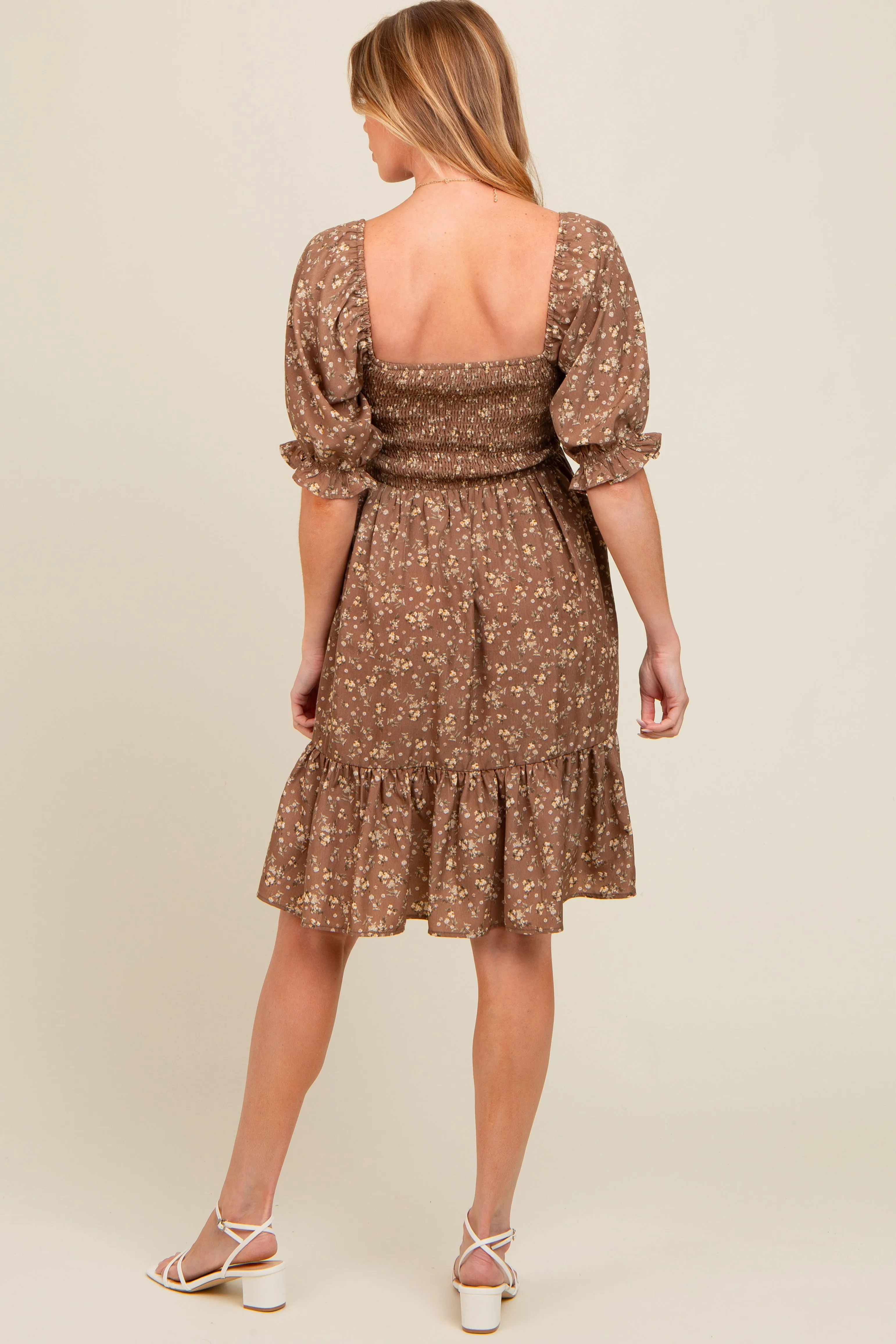Mocha Floral Smocked Puff Sleeve Maternity Dress sold by Pinkblush product image thumbnail 4