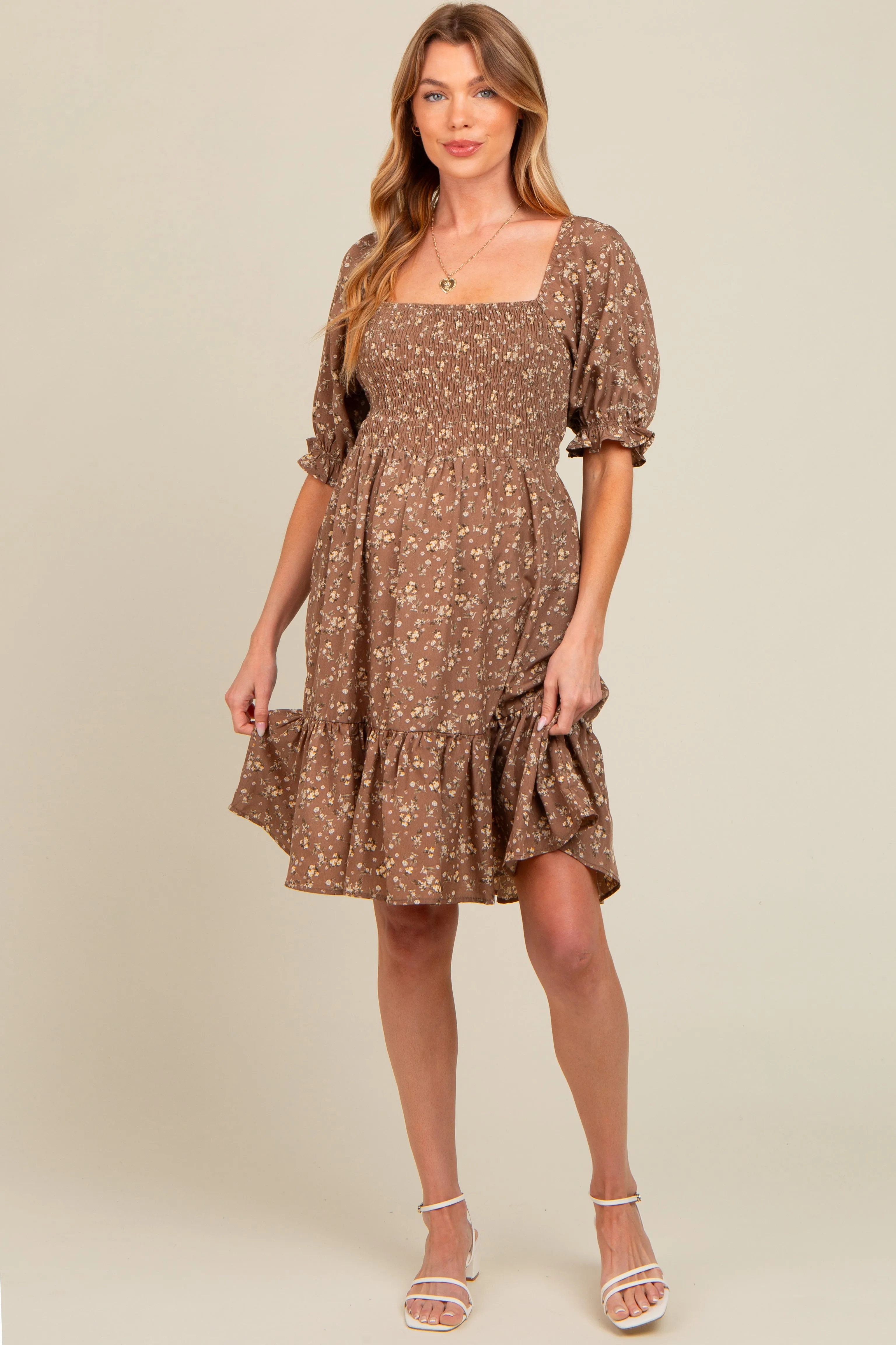 Mocha Floral Smocked Puff Sleeve Maternity Dress sold by Pinkblush