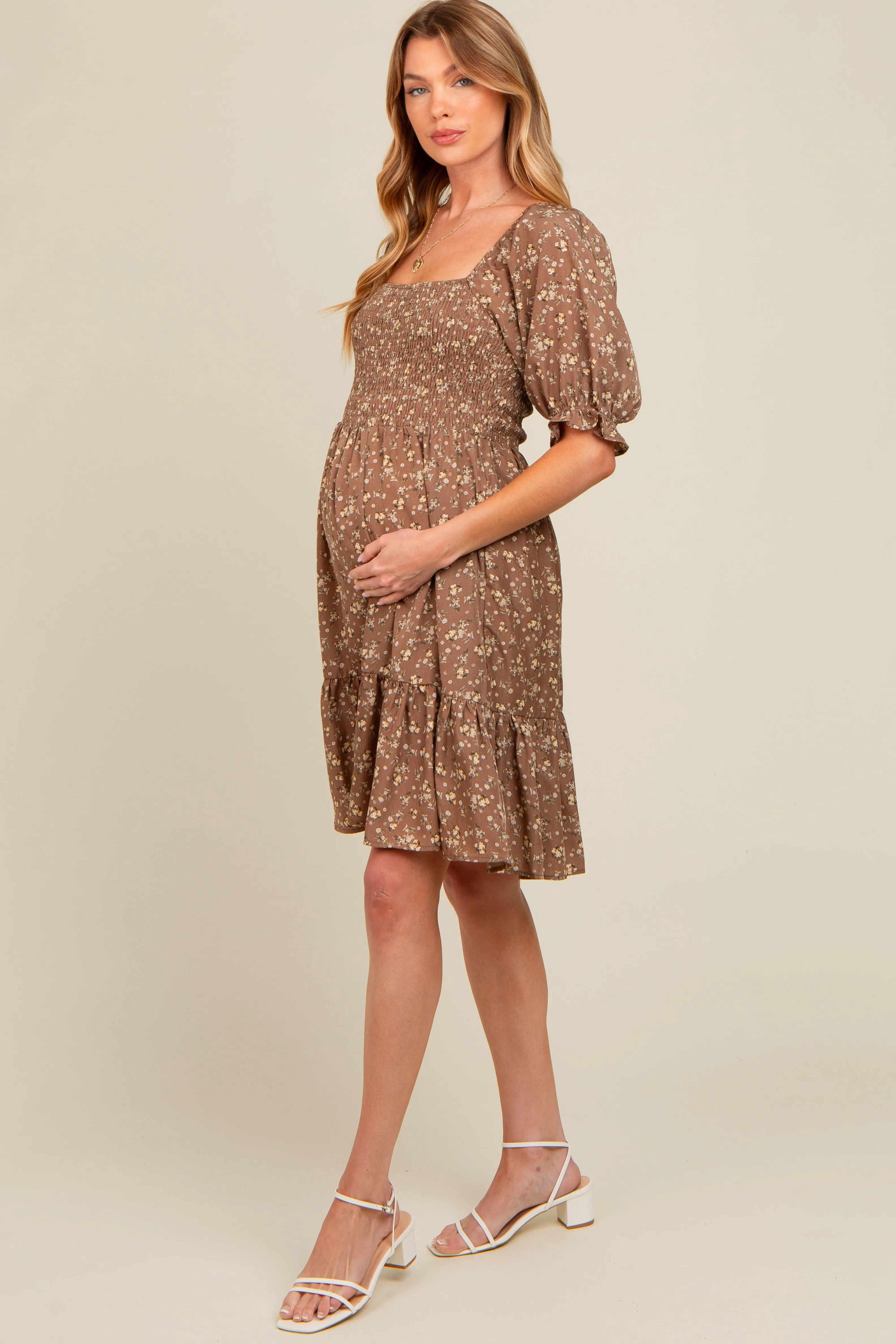 Mocha Floral Smocked Puff Sleeve Maternity Dress sold by Pinkblush product image thumbnail 3