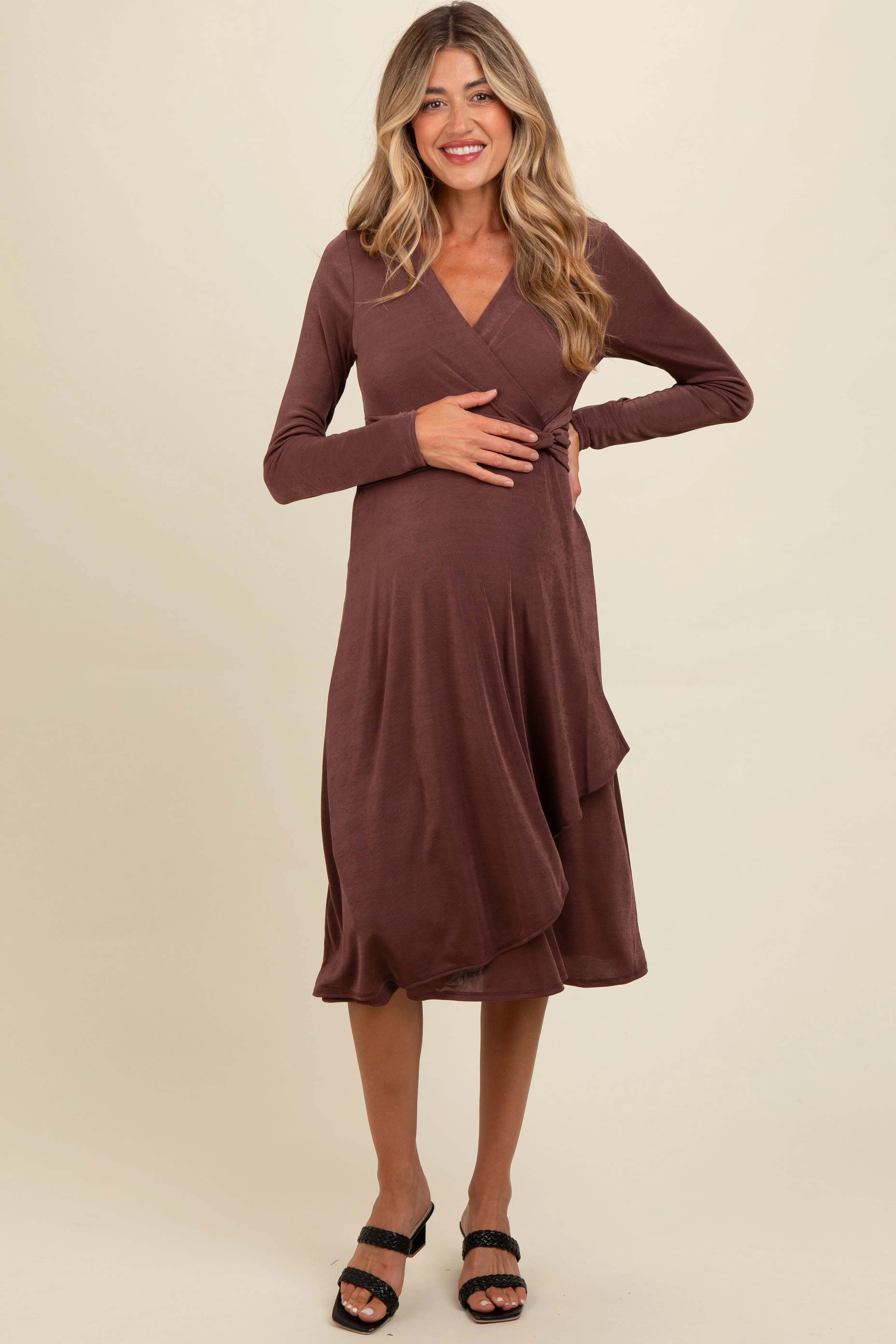 Mauve Metallic Twist Detail Wrap Maternity Midi Dress sold by Pinkblush product image thumbnail 2