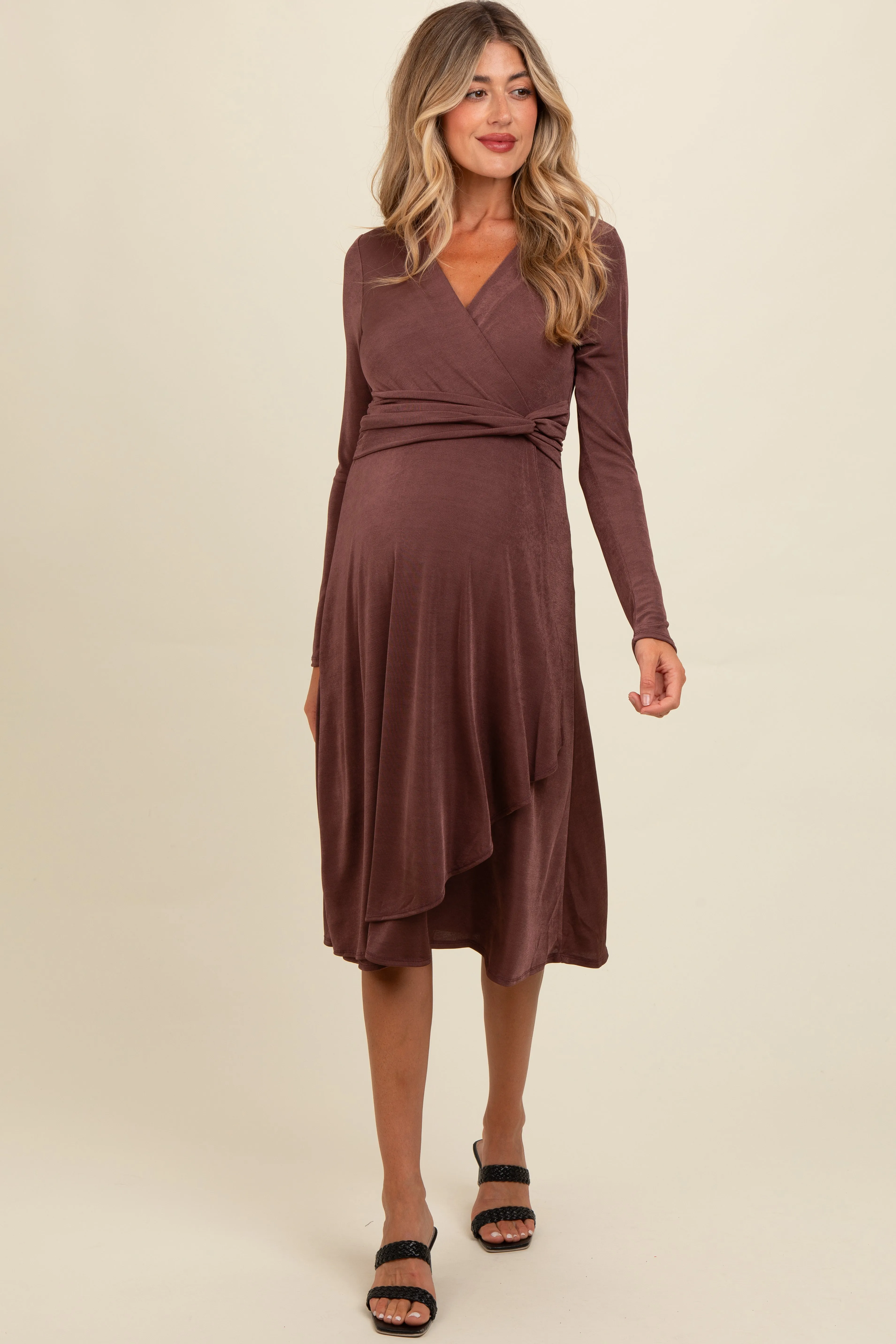 Mauve Metallic Twist Detail Wrap Maternity Midi Dress sold by Pinkblush
