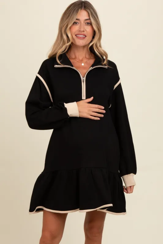 Black Half Zip Ruffle Drop Hem Maternity Mini Dress sold by Pinkblush