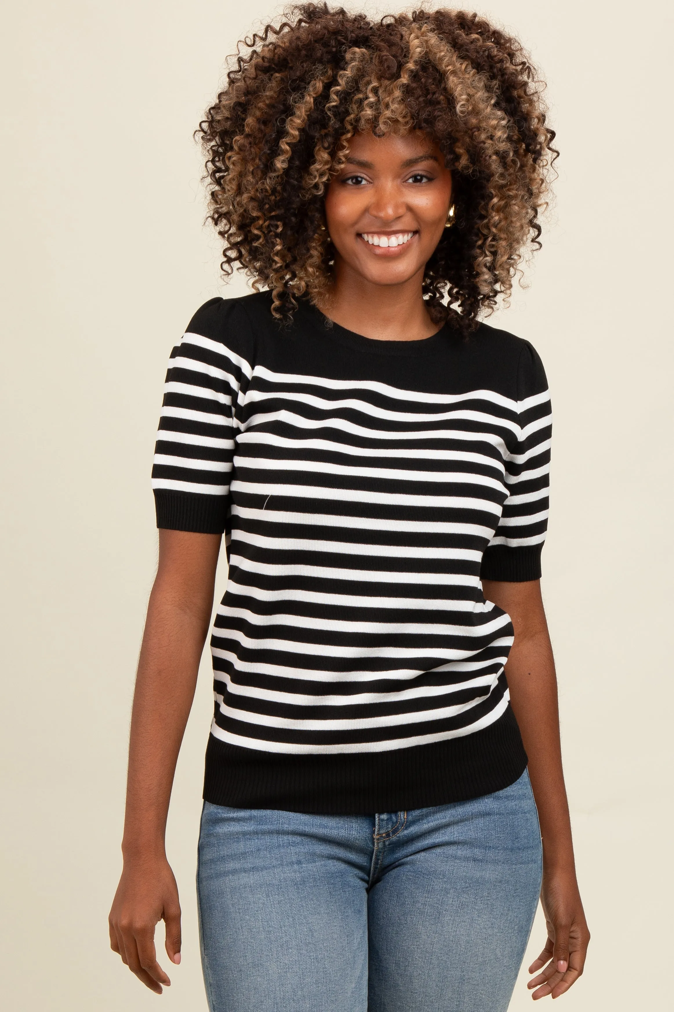 Black Striped Short Sleeve Knit Top sold by Pinkblush