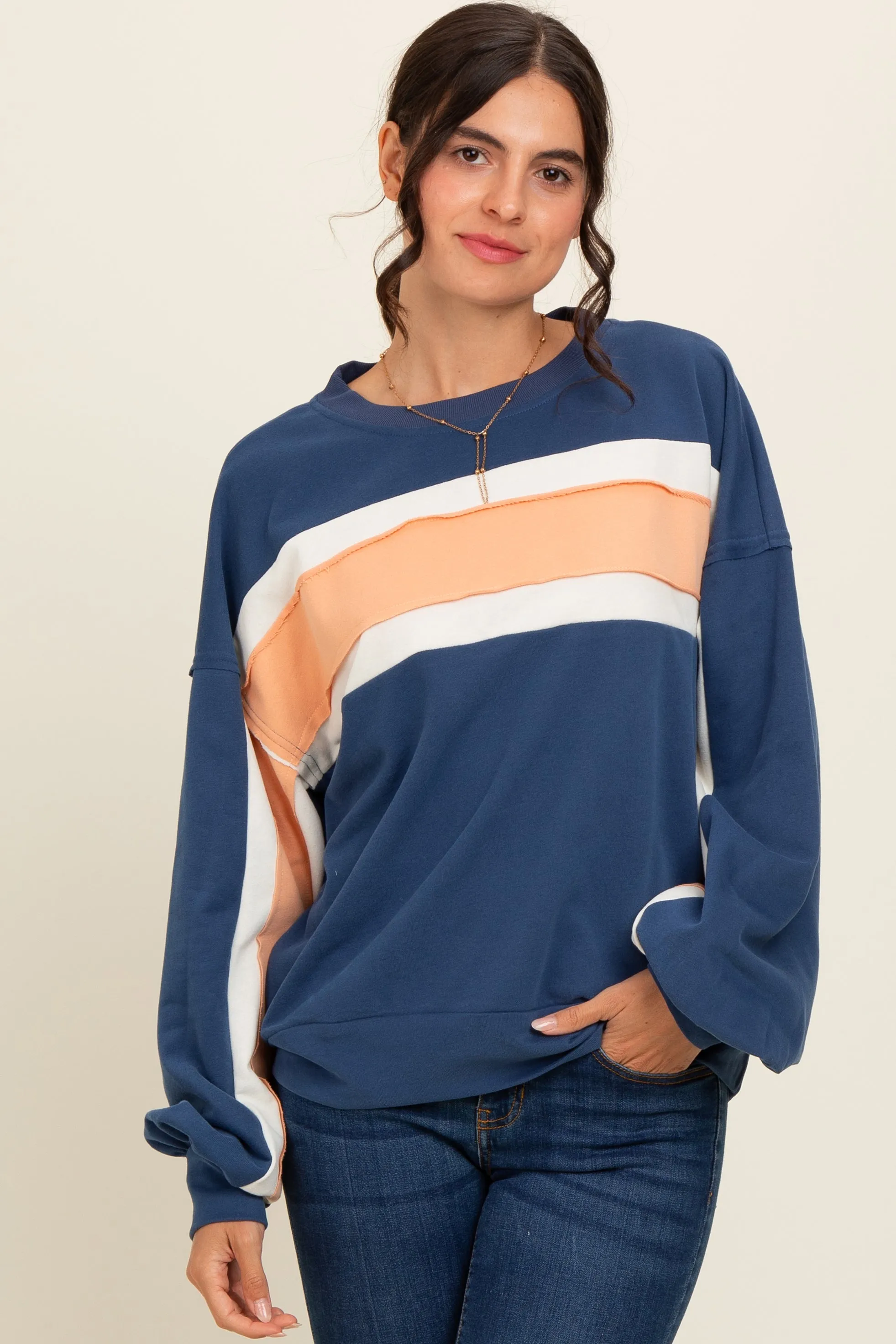Navy Blue Colorblock Pullover Top sold by Pinkblush