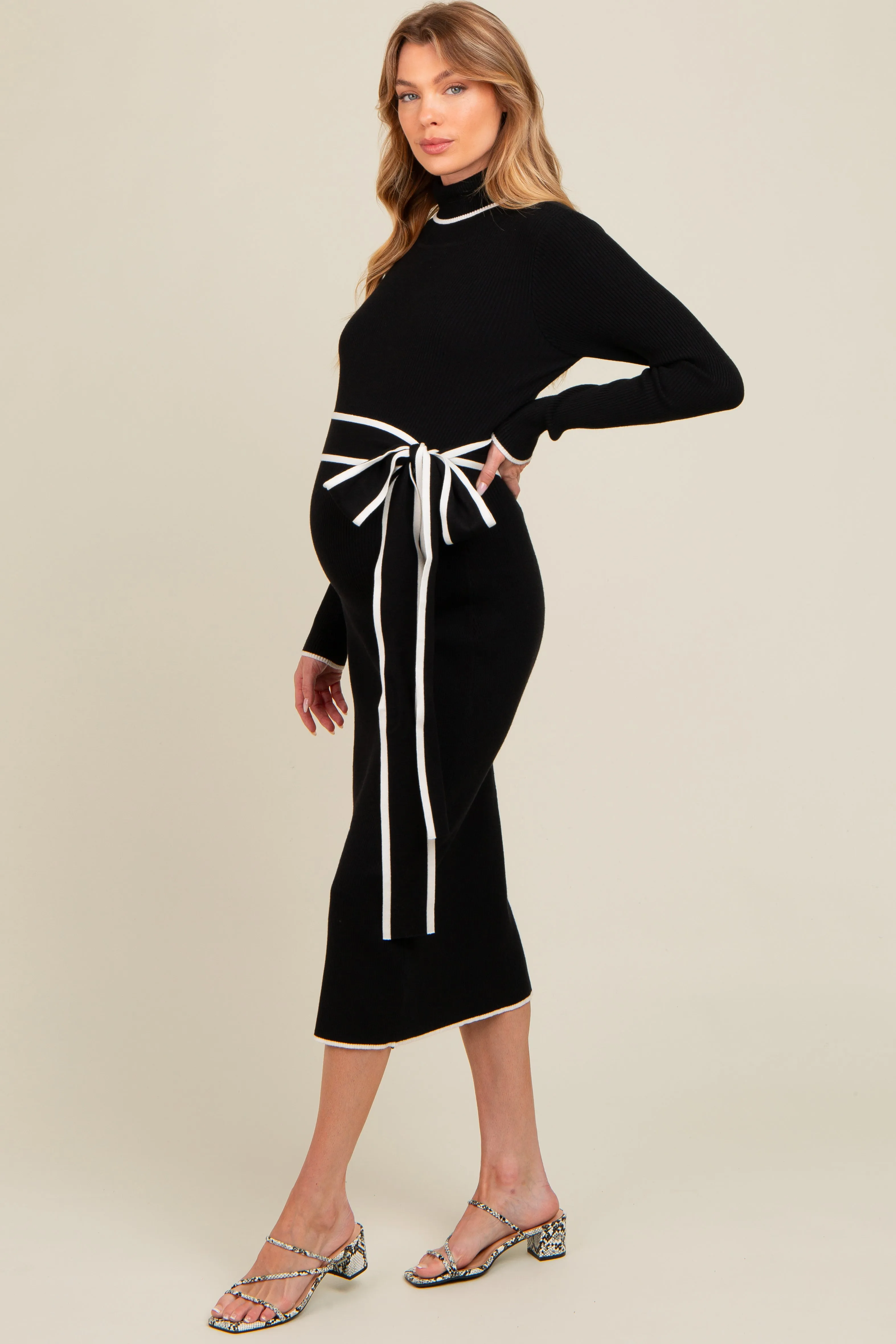 Black Contrast Trim Turtleneck Maternity Sweater Dress sold by Pinkblush product image thumbnail 2