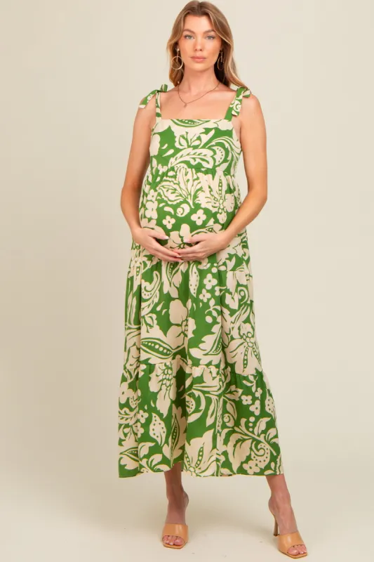 Green Tropical Floral Shoulder Tie Tiered Maternity Midi Dress sold by Pinkblush