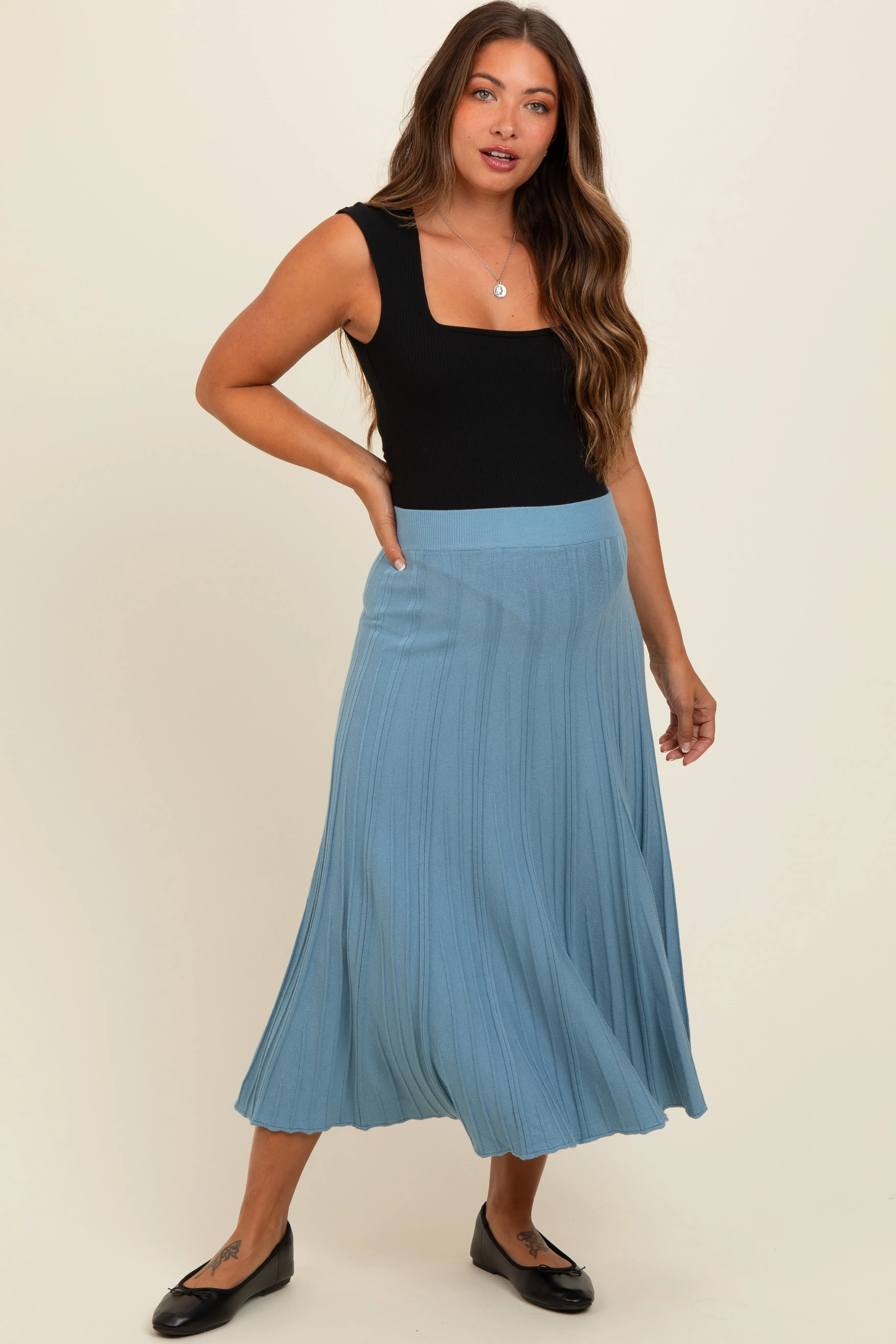 Blue Ribbed Knit A-Line Midi Maternity Skirt sold by Pinkblush