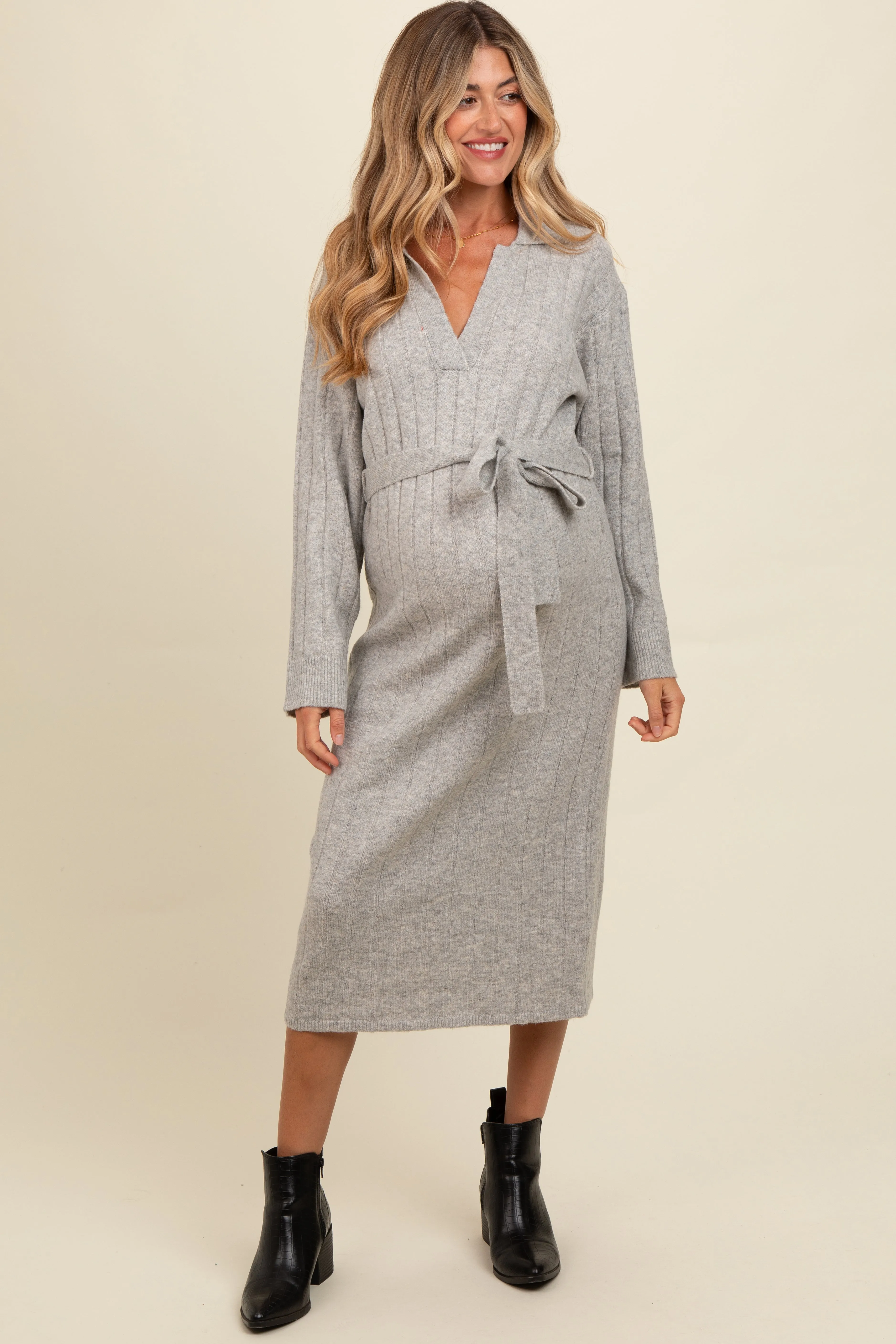 Heather Grey Ribbed Sweater Collared Maternity Midi Dress sold by Pinkblush