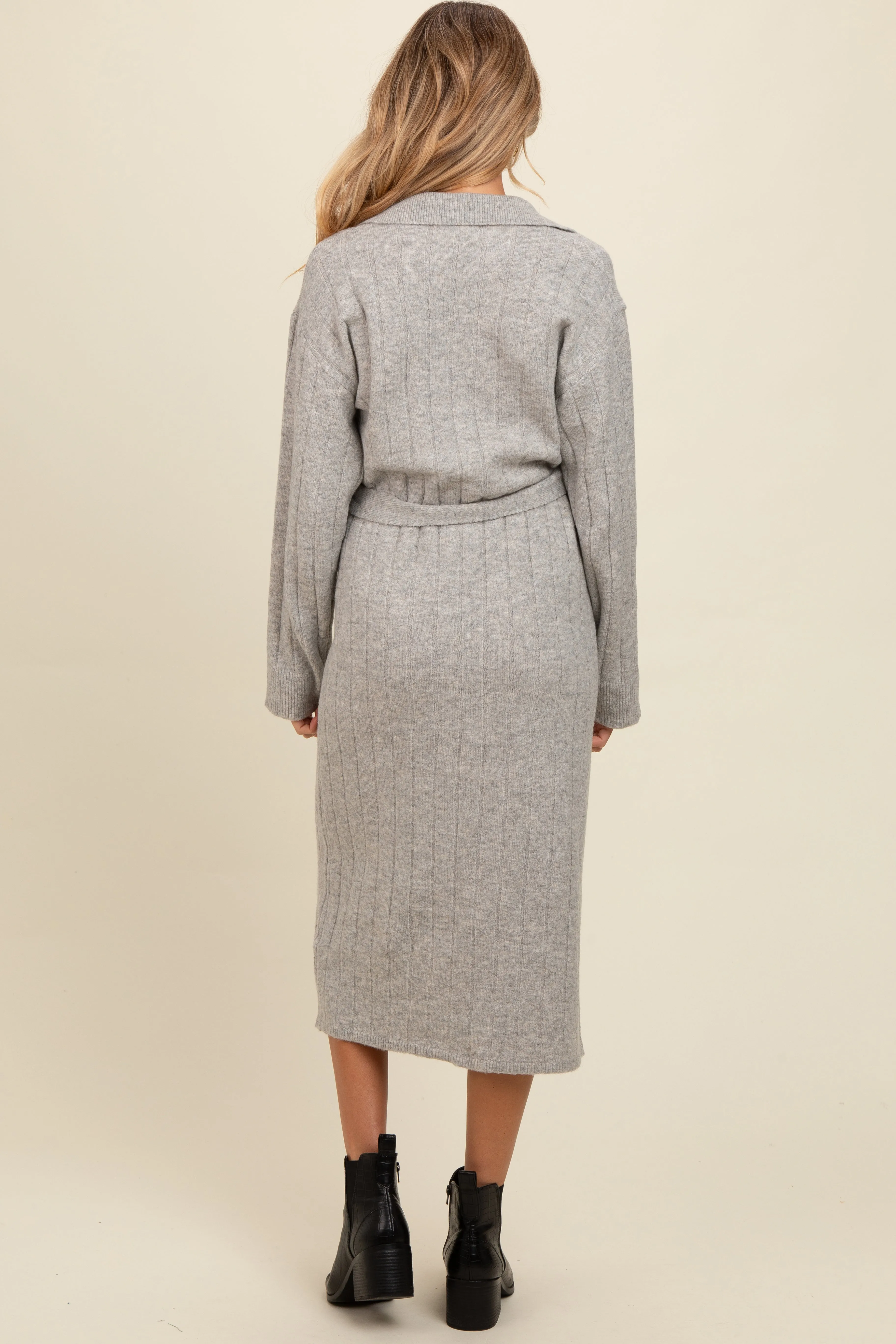 Heather Grey Ribbed Sweater Collared Maternity Midi Dress sold by Pinkblush product image thumbnail 2