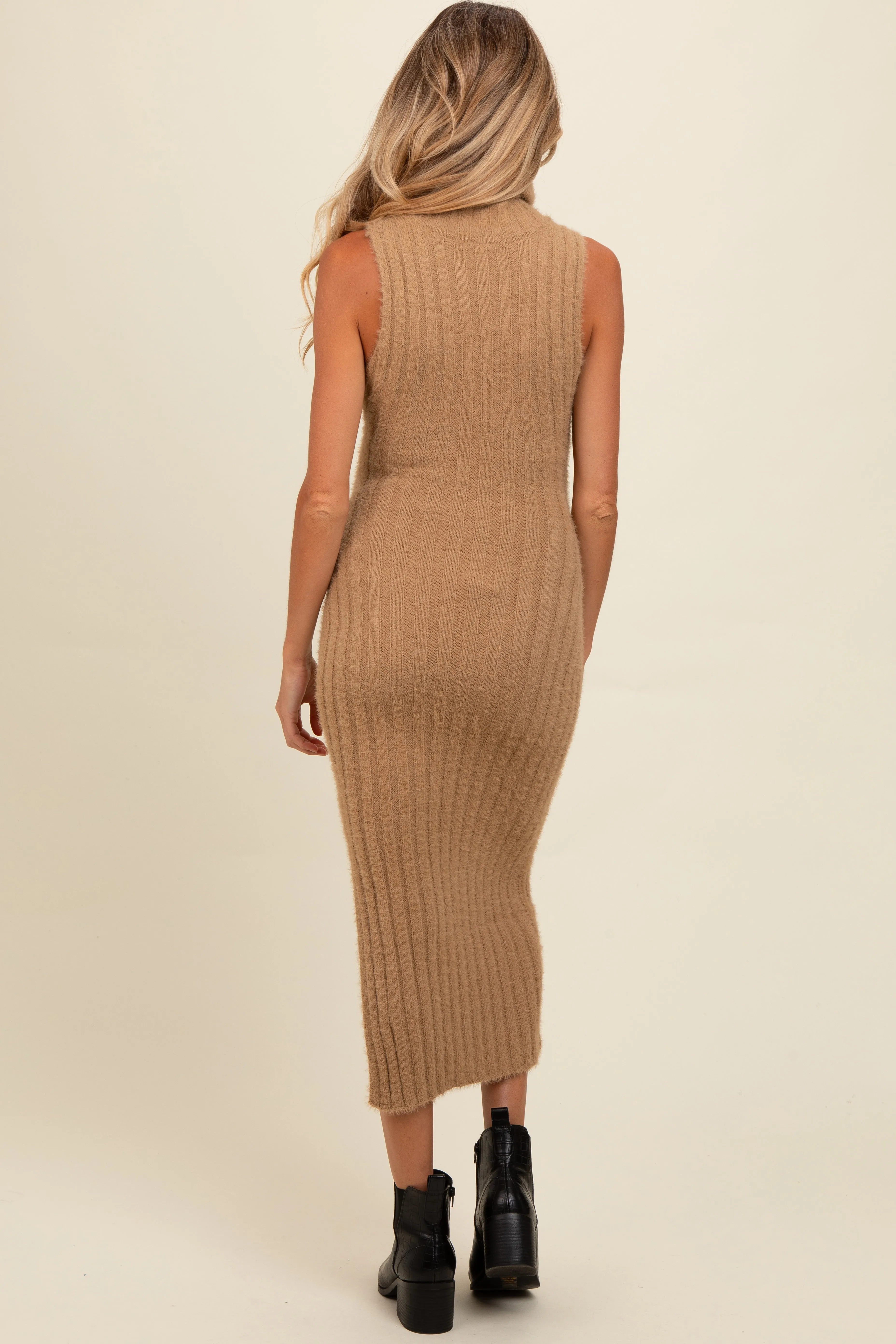 Taupe Fuzzy Knit Sleeveless Turtle Neck Maternity Midi Dress sold by Pinkblush product image thumbnail 4