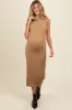 Taupe Fuzzy Knit Sleeveless Turtle Neck Maternity Midi Dress sold by Pinkblush