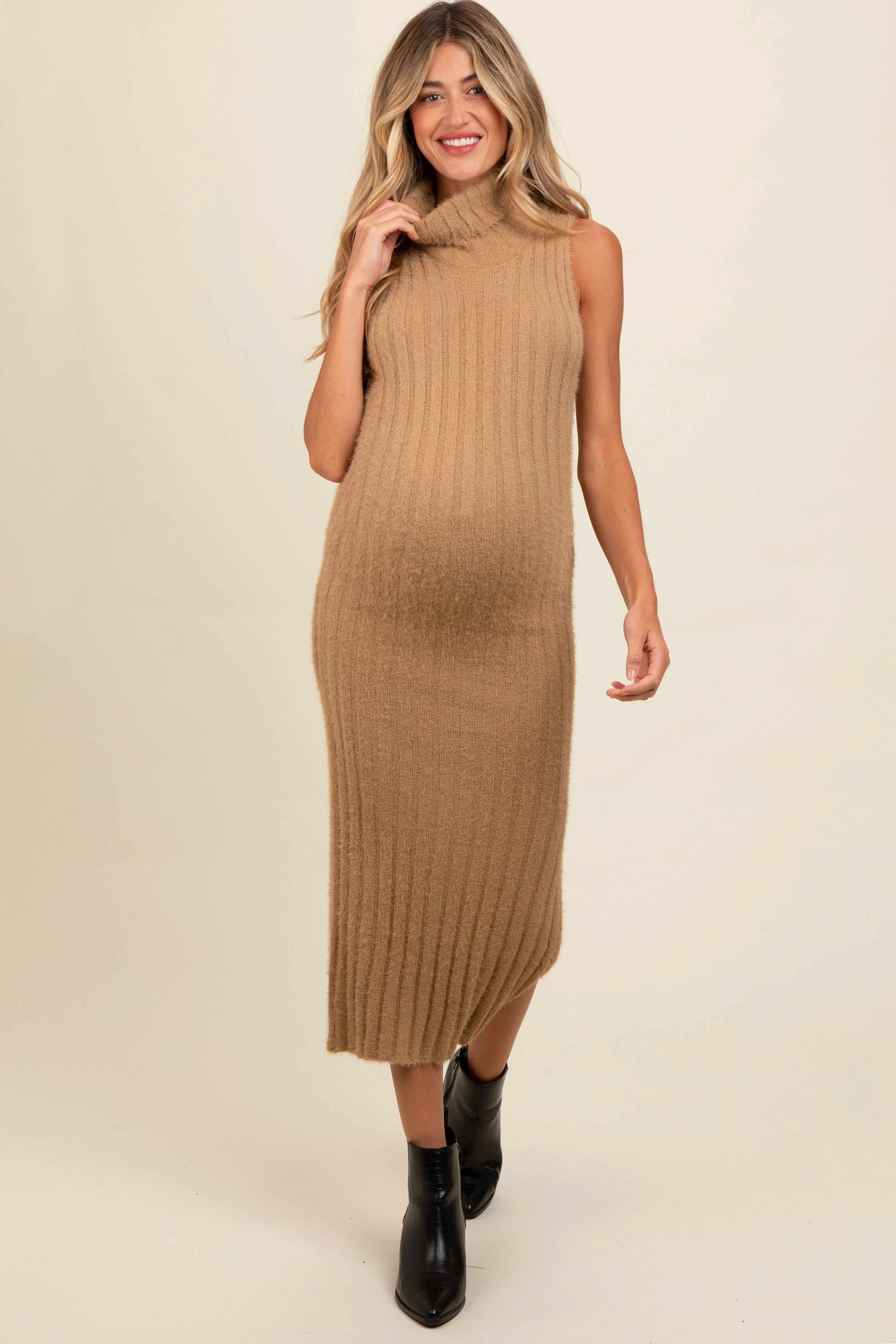Taupe Fuzzy Knit Sleeveless Turtle Neck Maternity Midi Dress sold by Pinkblush